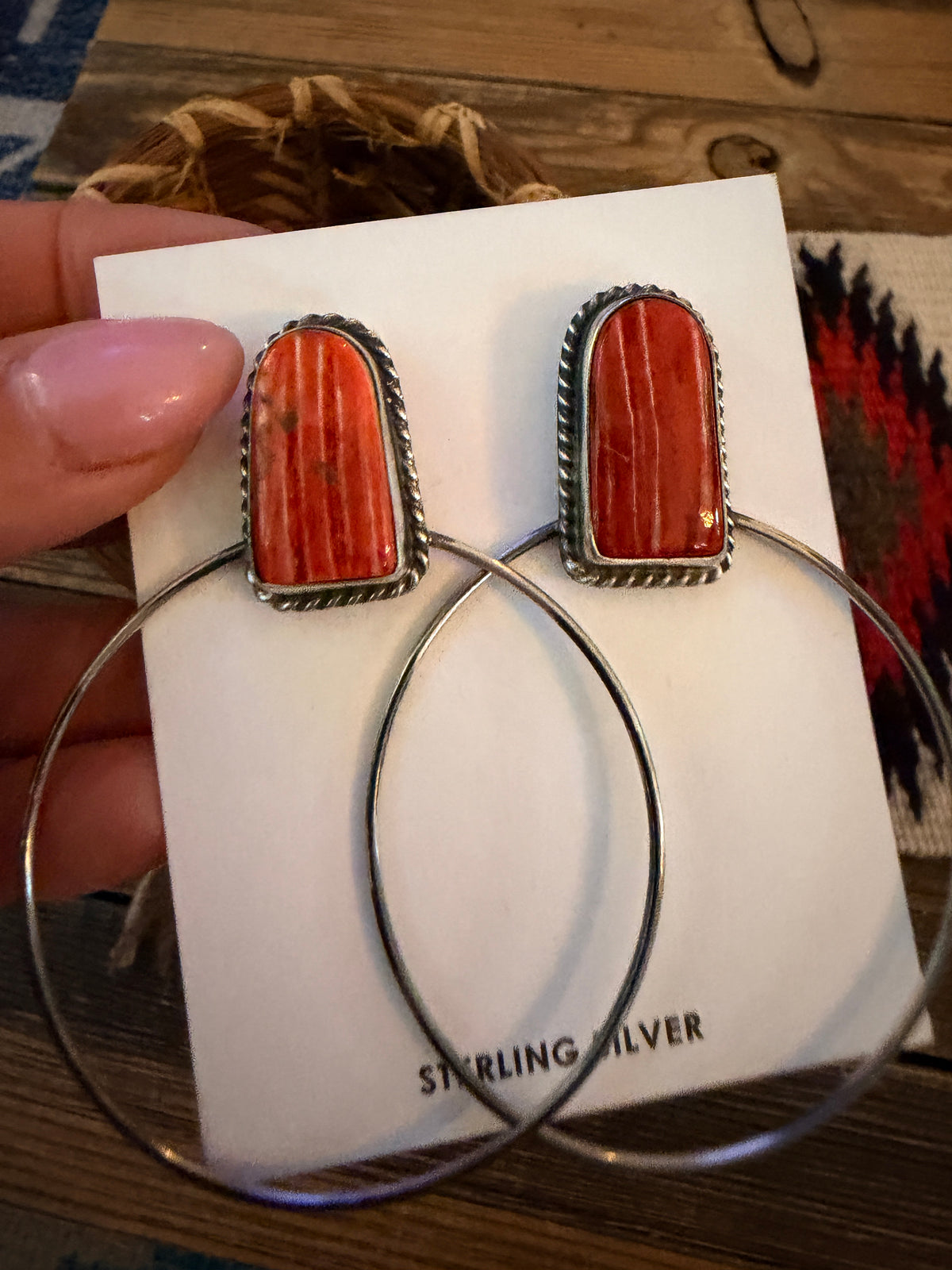 Handcrafted Orange Spiny and Sterling Silver Dangle Hoop Earrings by Elouise Kee