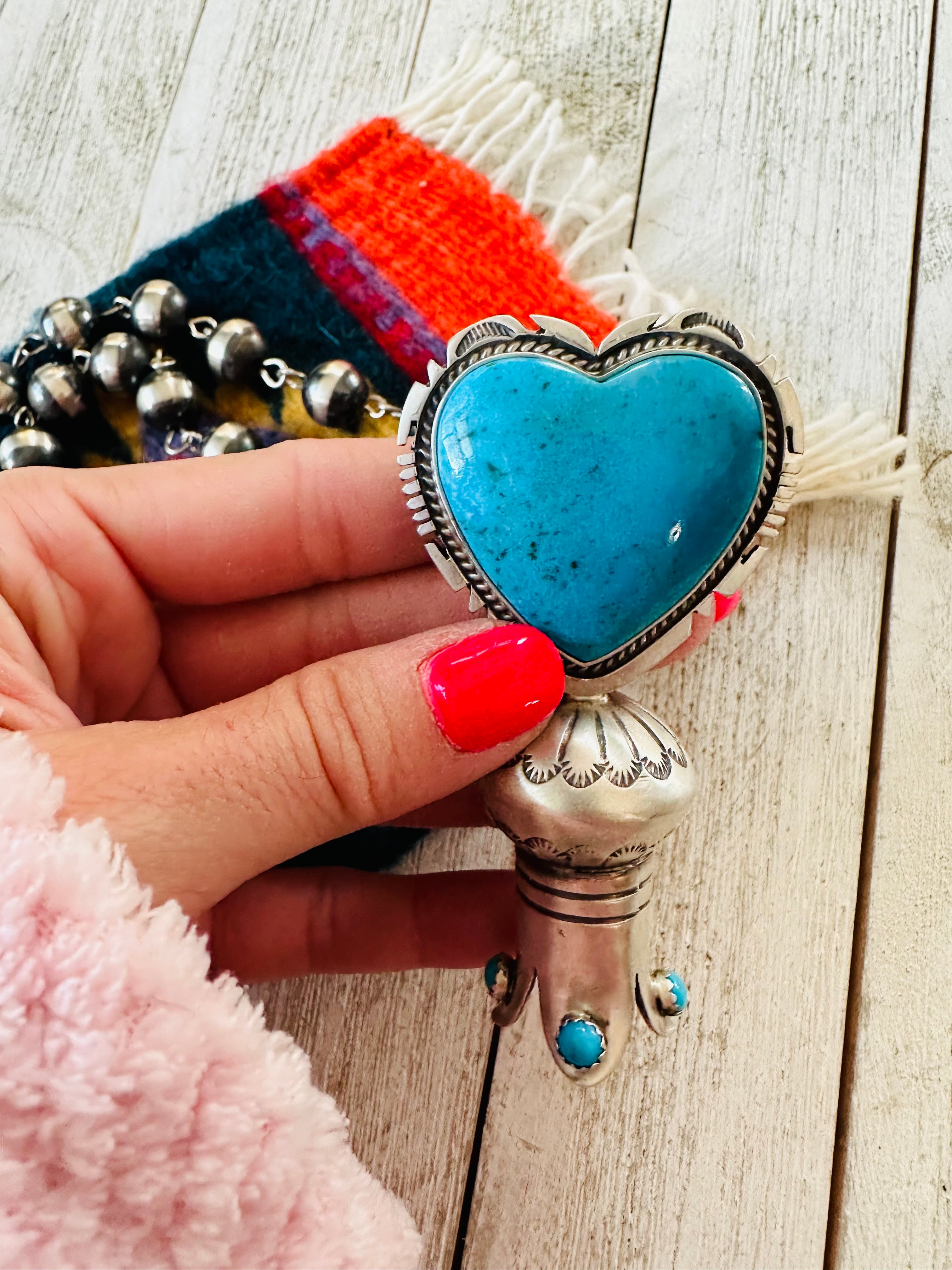 Navajo Sterling Silver & Turquoise Heart Blossom Beaded Necklace