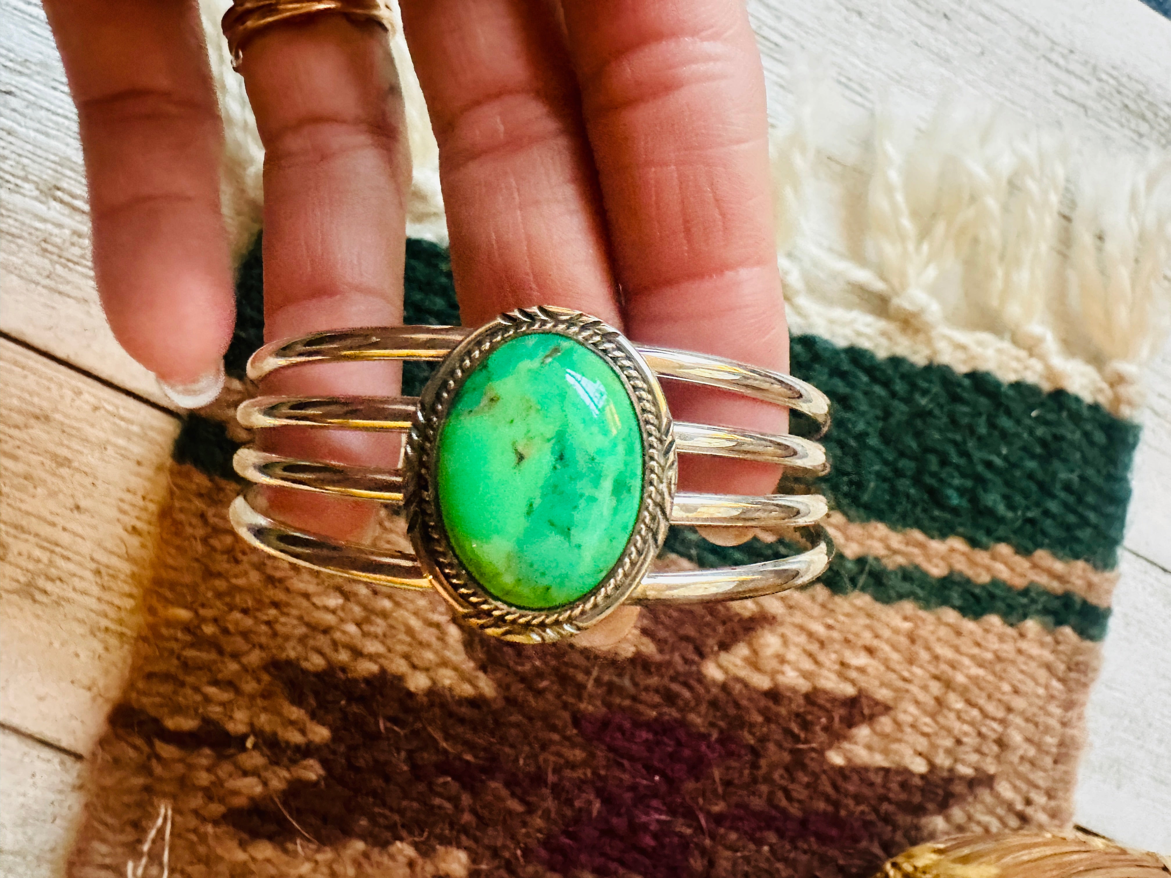 Navajo Green Kingman Turquoise & Sterling Silver Cuff Bracelet