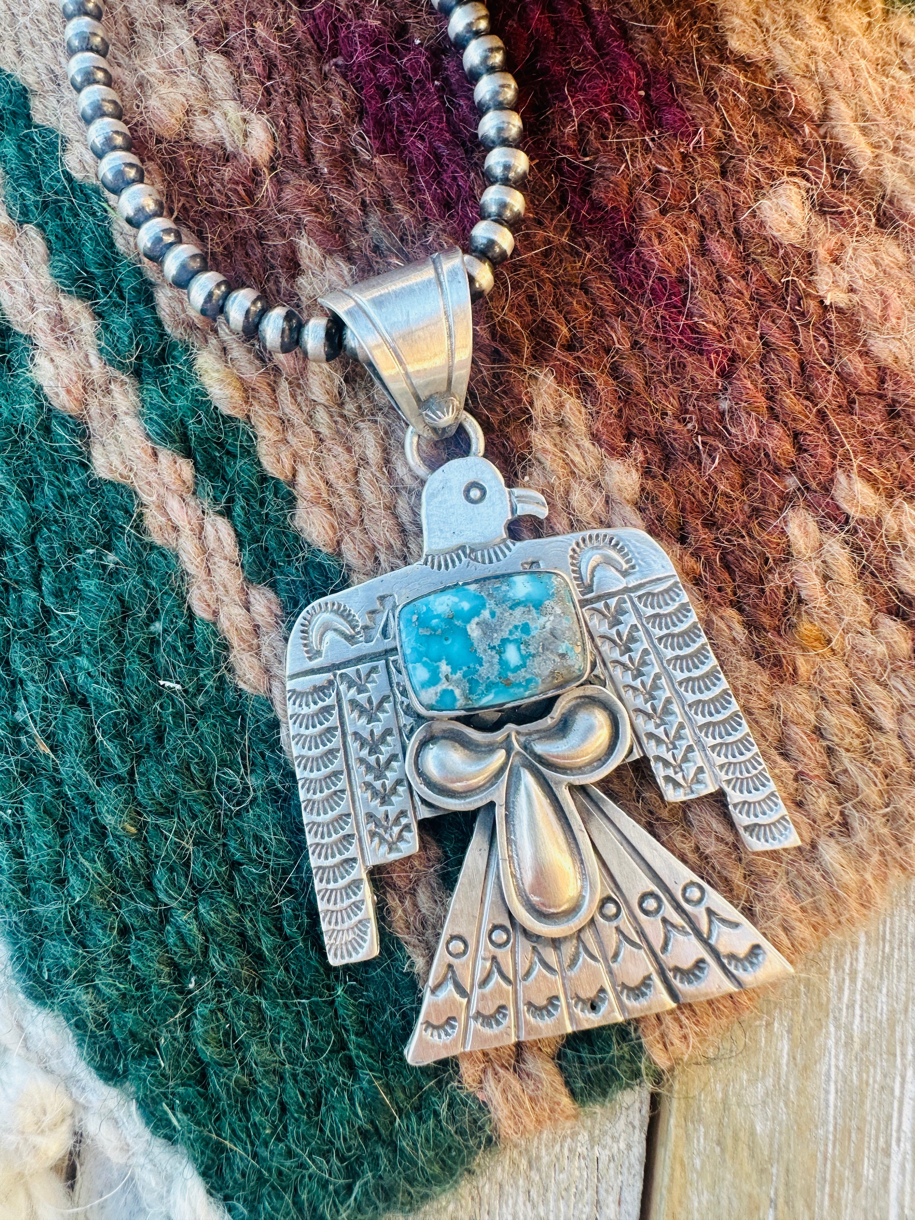 Handcrafted Sterling Silver & Turquoise Thunderbird Pendant by Leroy James