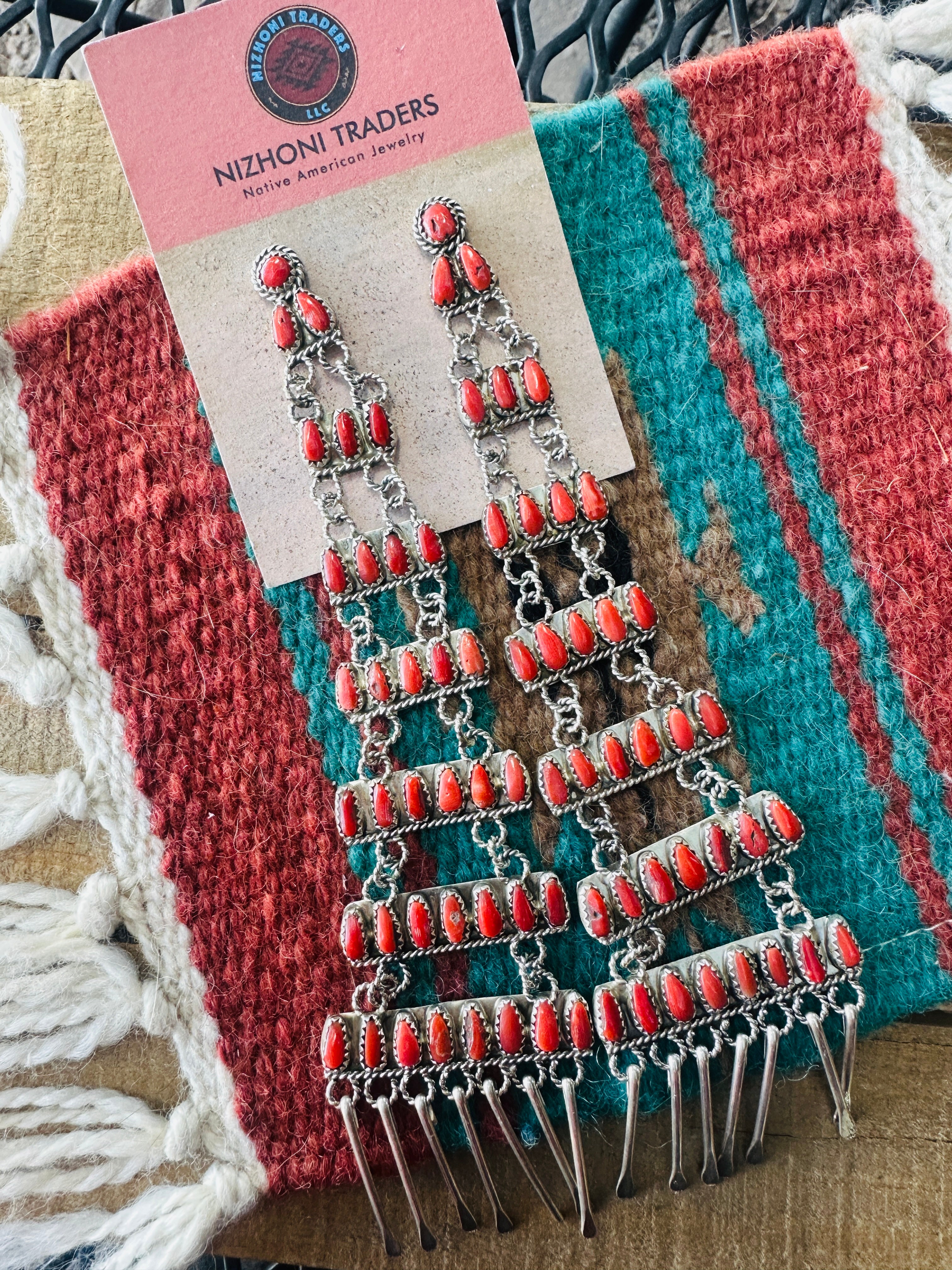 Handcrafted Coral & Sterling Silver Chandelier Dangle Earrings