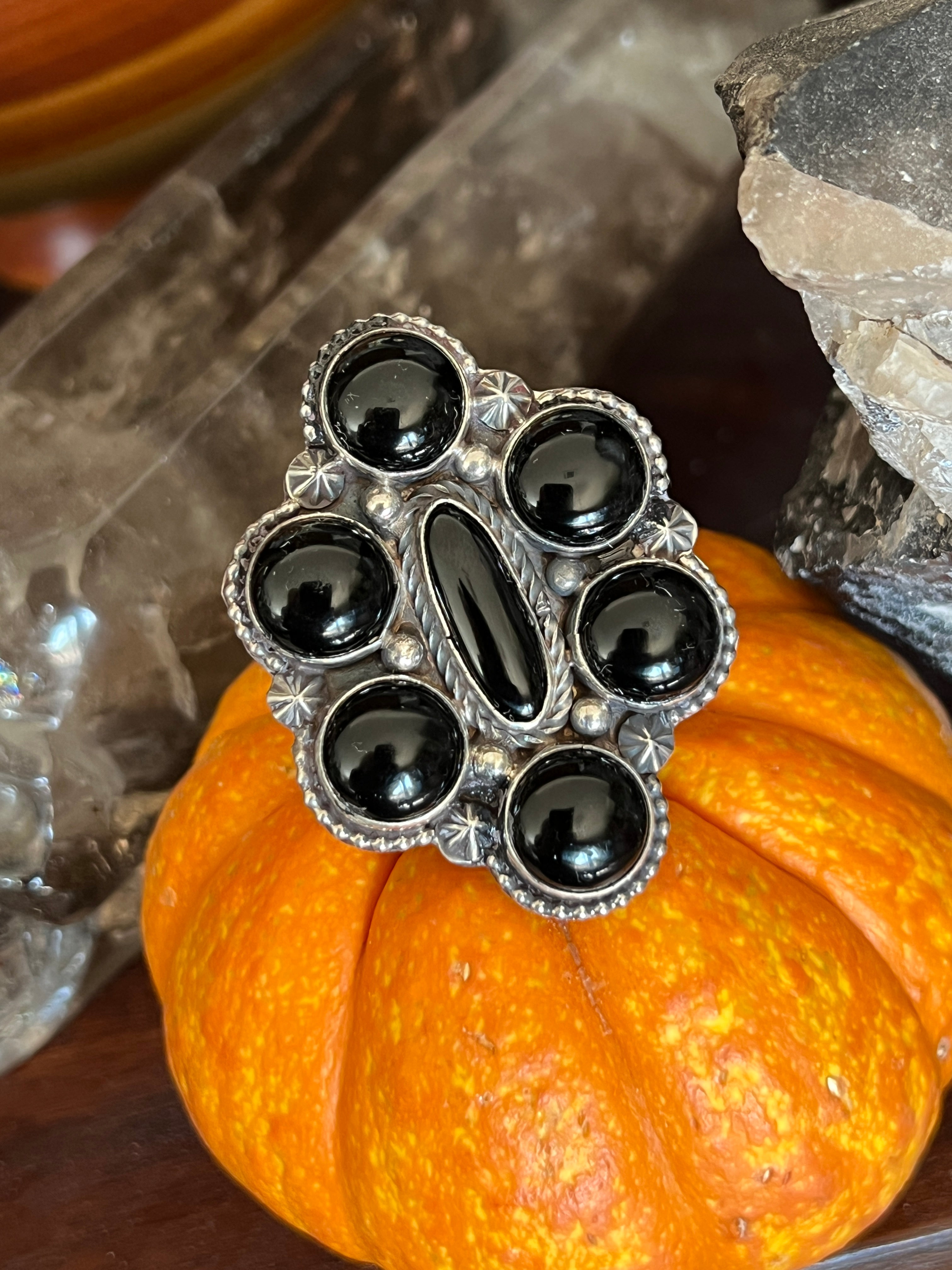 Handcrafted Sterling Silver and Black Onyx Cluster Ring by Rosella Paxson, Size 9