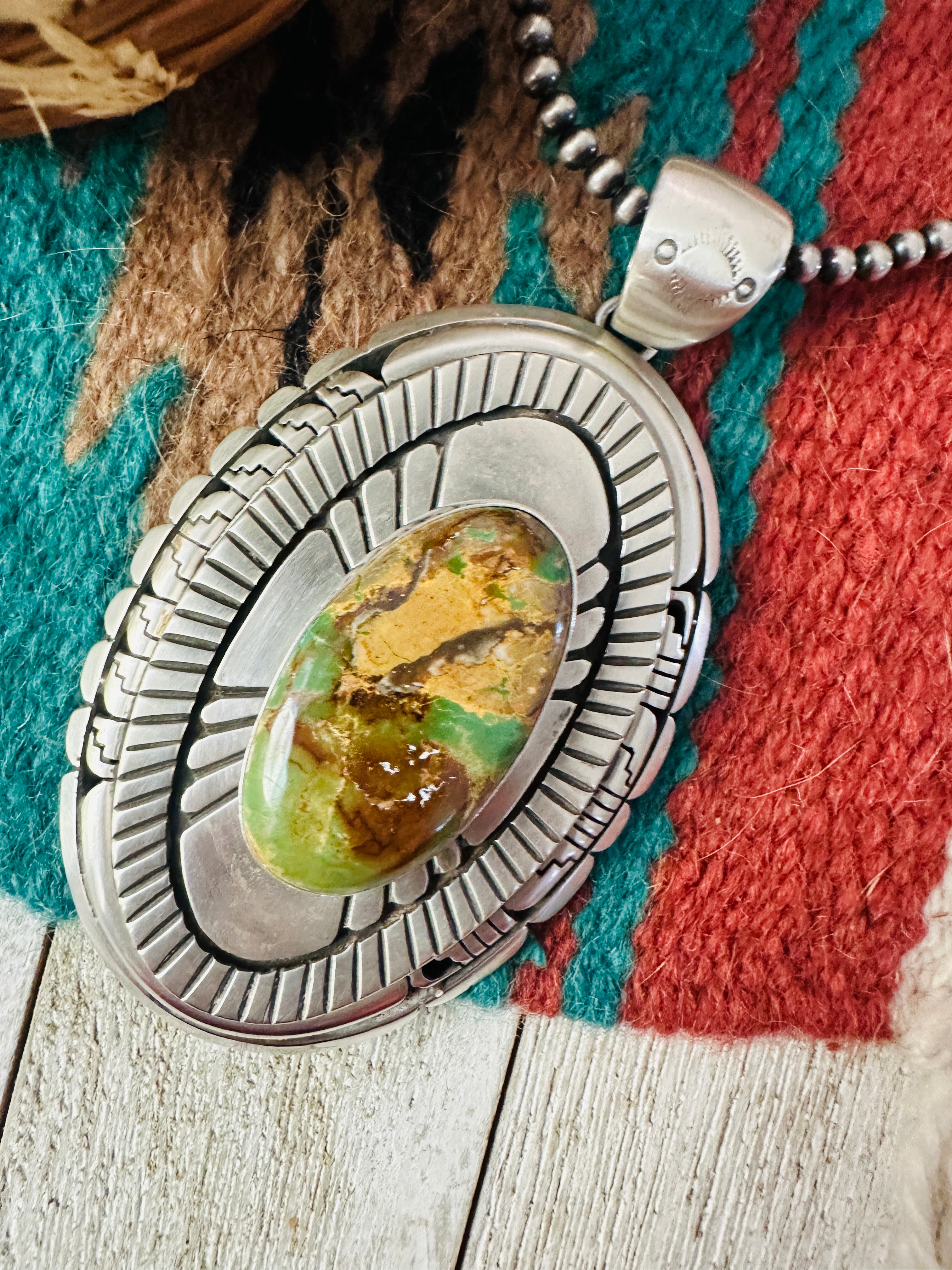 Handcrafted Ribbon Turquoise &  Sterling Silver Pendant, Signed LK