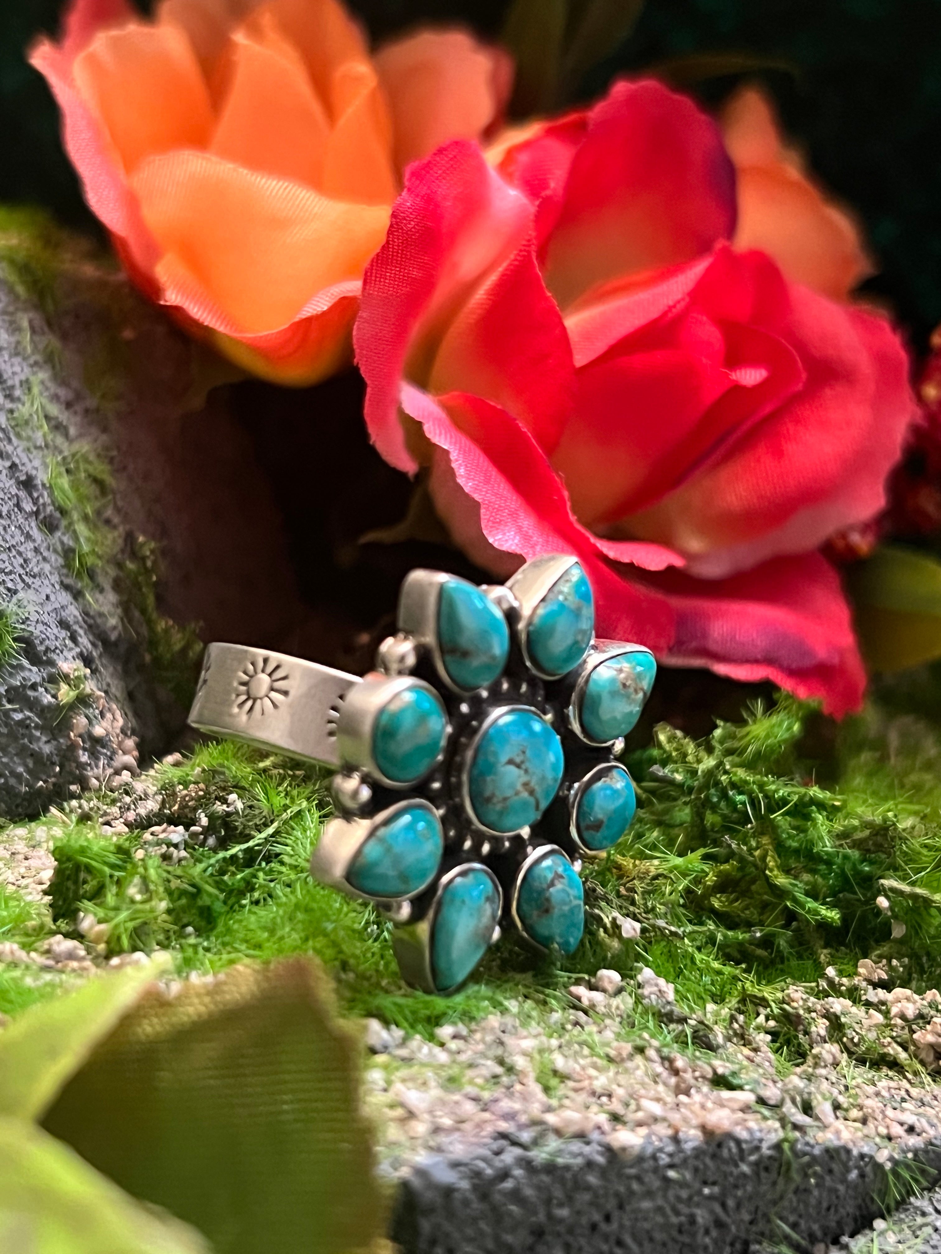 Handmade Kingman Turquoise Cluster Sterling Silver Adjustable Ring (03)