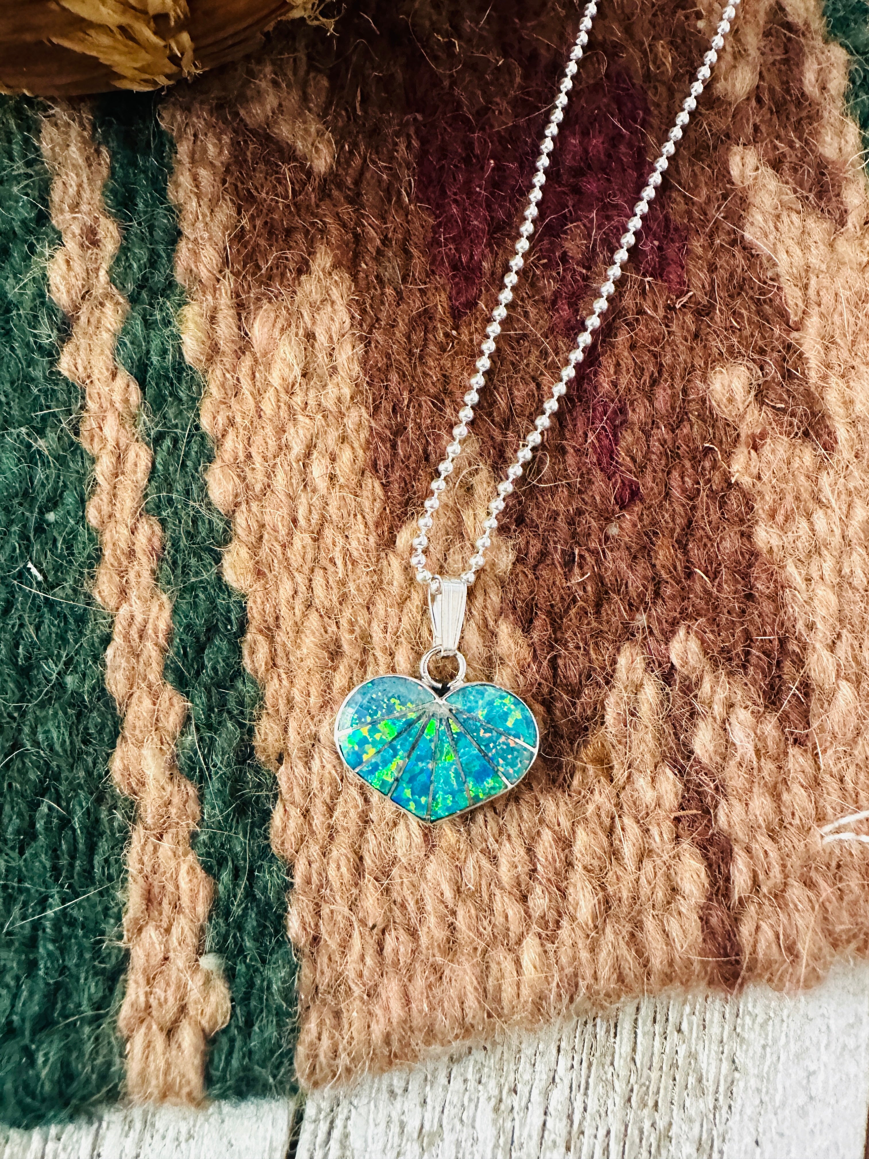 Handcrafted Blue Opal & Sterling Silver Inlay Heart Pendant