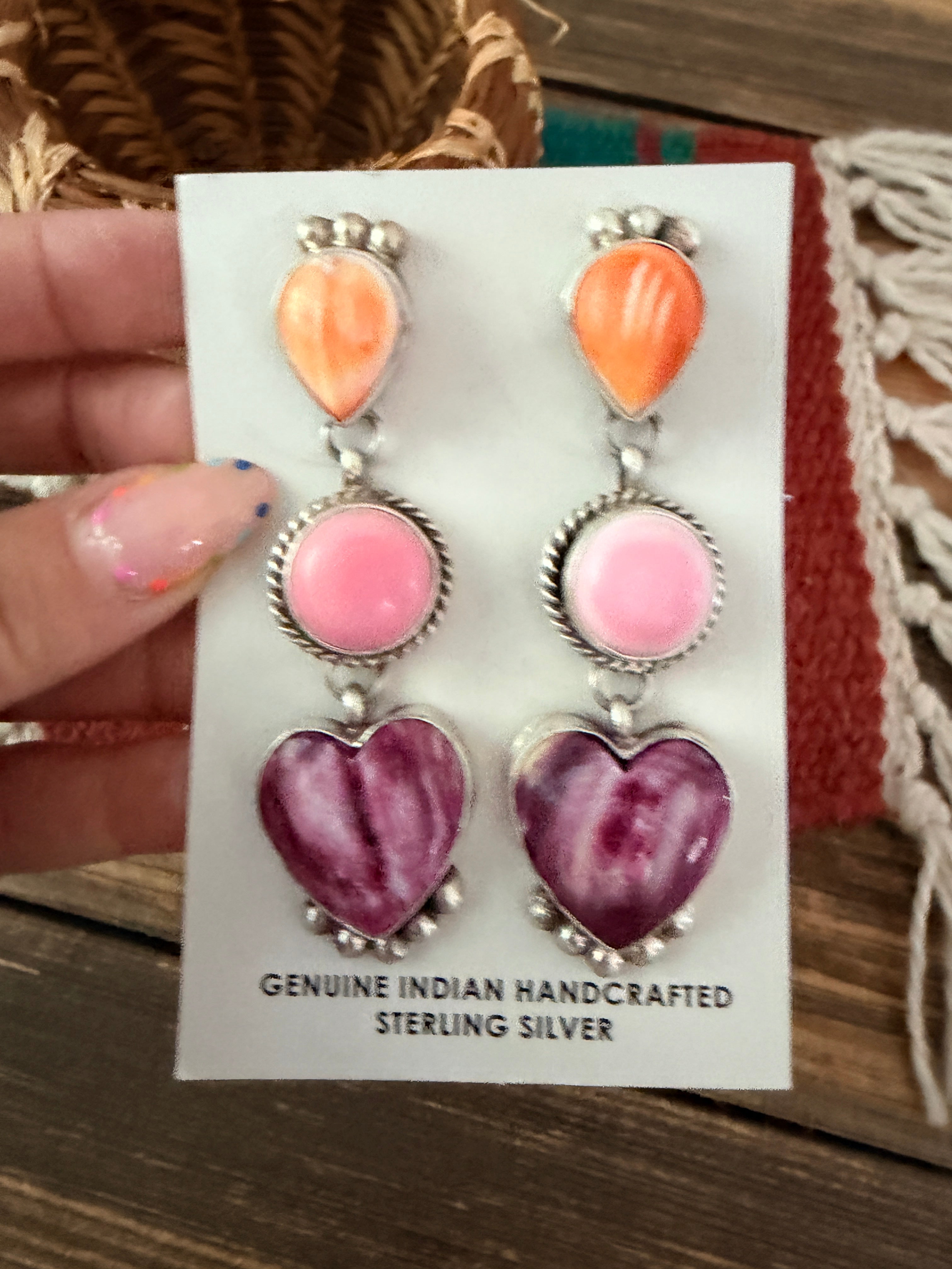 Handcrafted Sterling Silver, Spiny Oyster & Queen Pink Conch Heart Dangle Earrings by Vicky Hicks