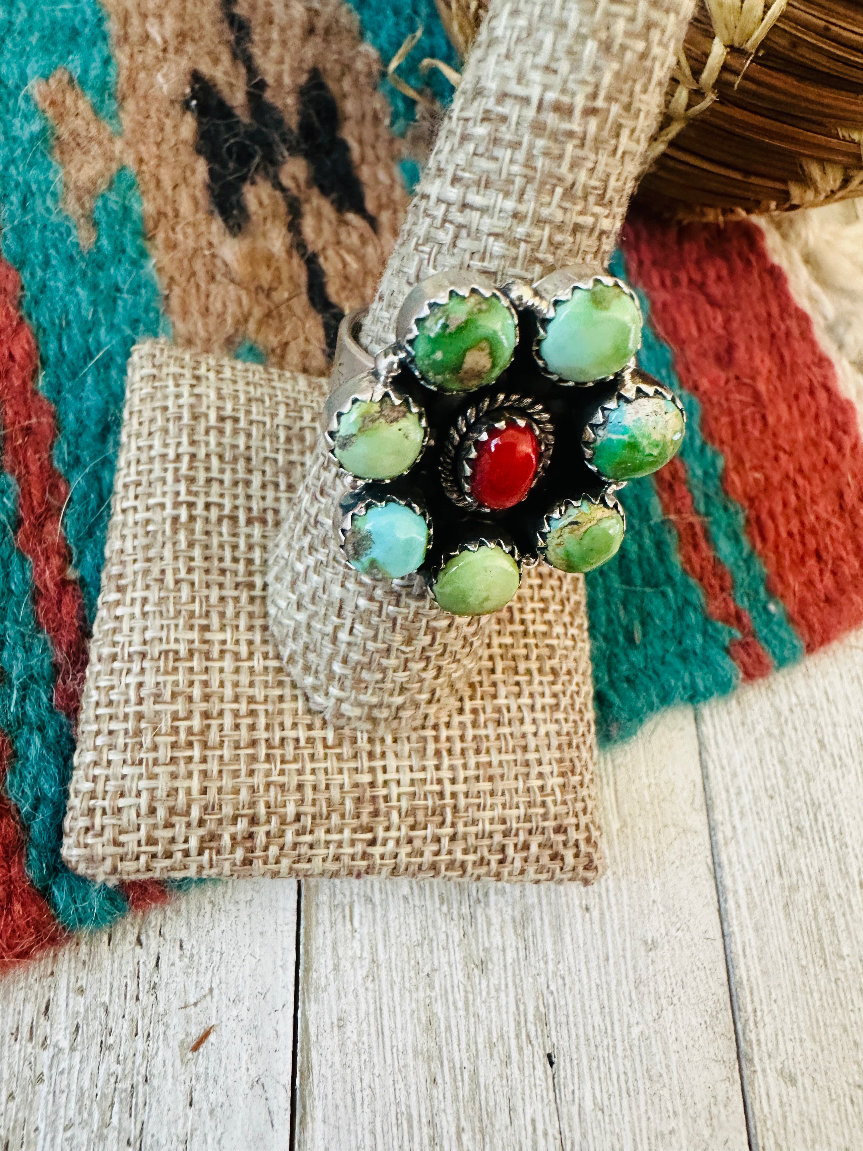 ** Christmas Collection ** Handmade Sterling Silver, Turquoise & Coral Adjustable Ring Signed Nizhoni