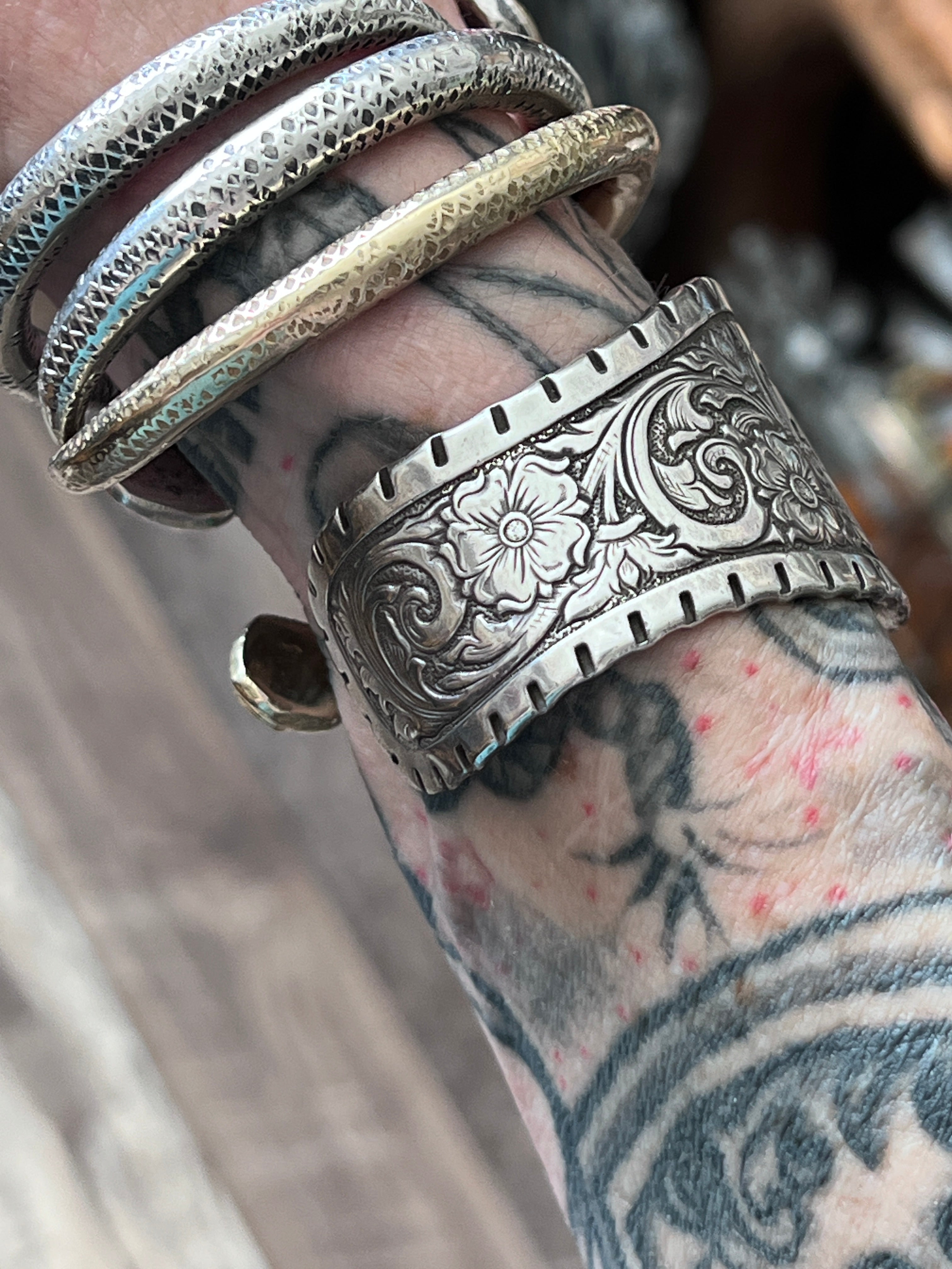 Old Pawn Tooled “Don’t Fence Me In” Sterling Silver Cuff Bracelet by Kit Carson