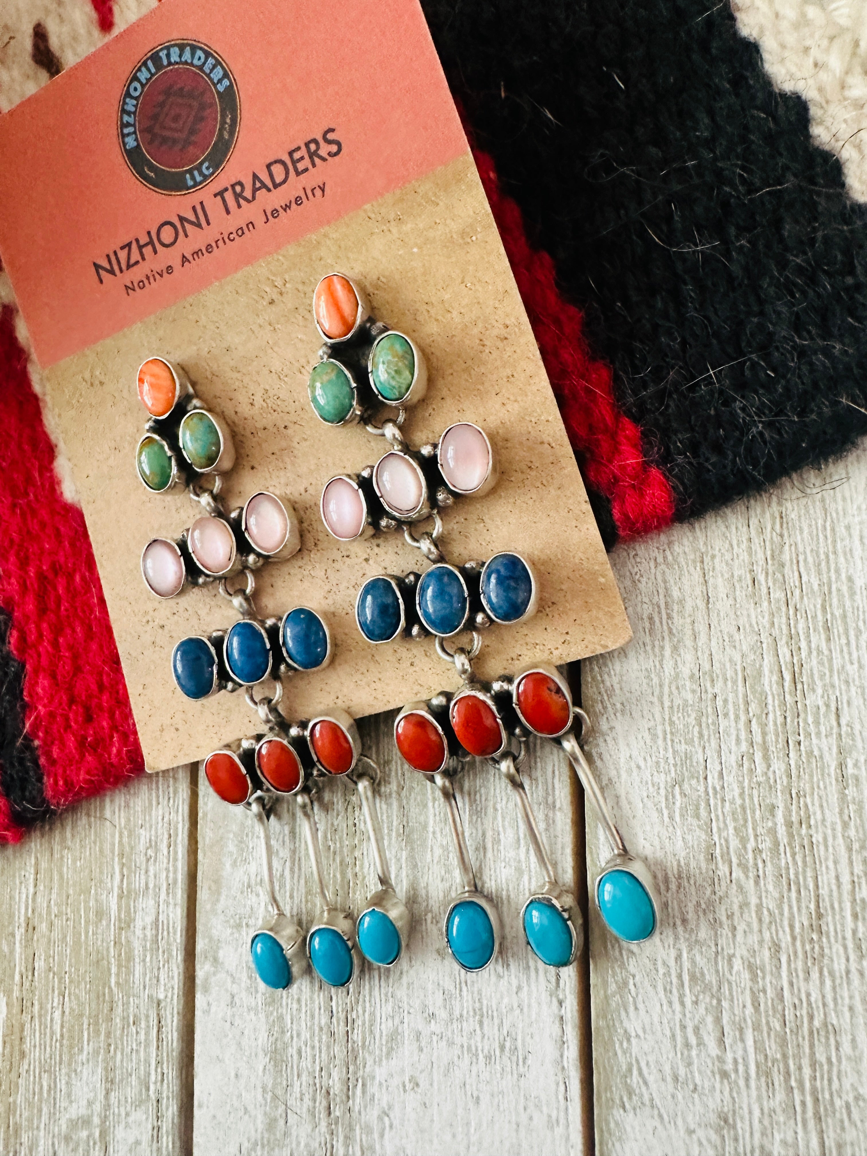 Navajo Multi Stone & Sterling Silver Chandelier Dangle Earrings