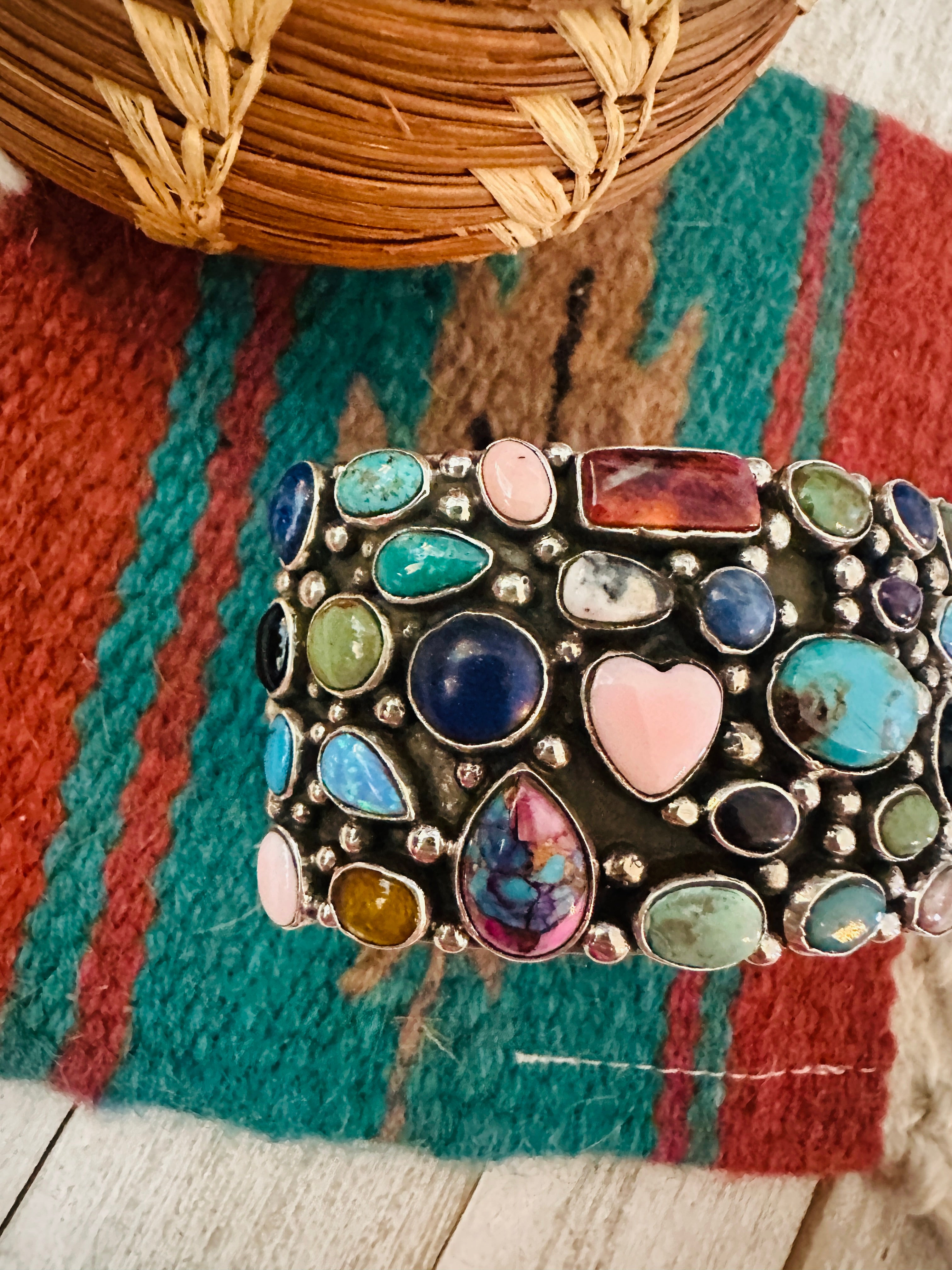 Navajo Multi Stone & Sterling Silver Cluster Cuff Bracelet