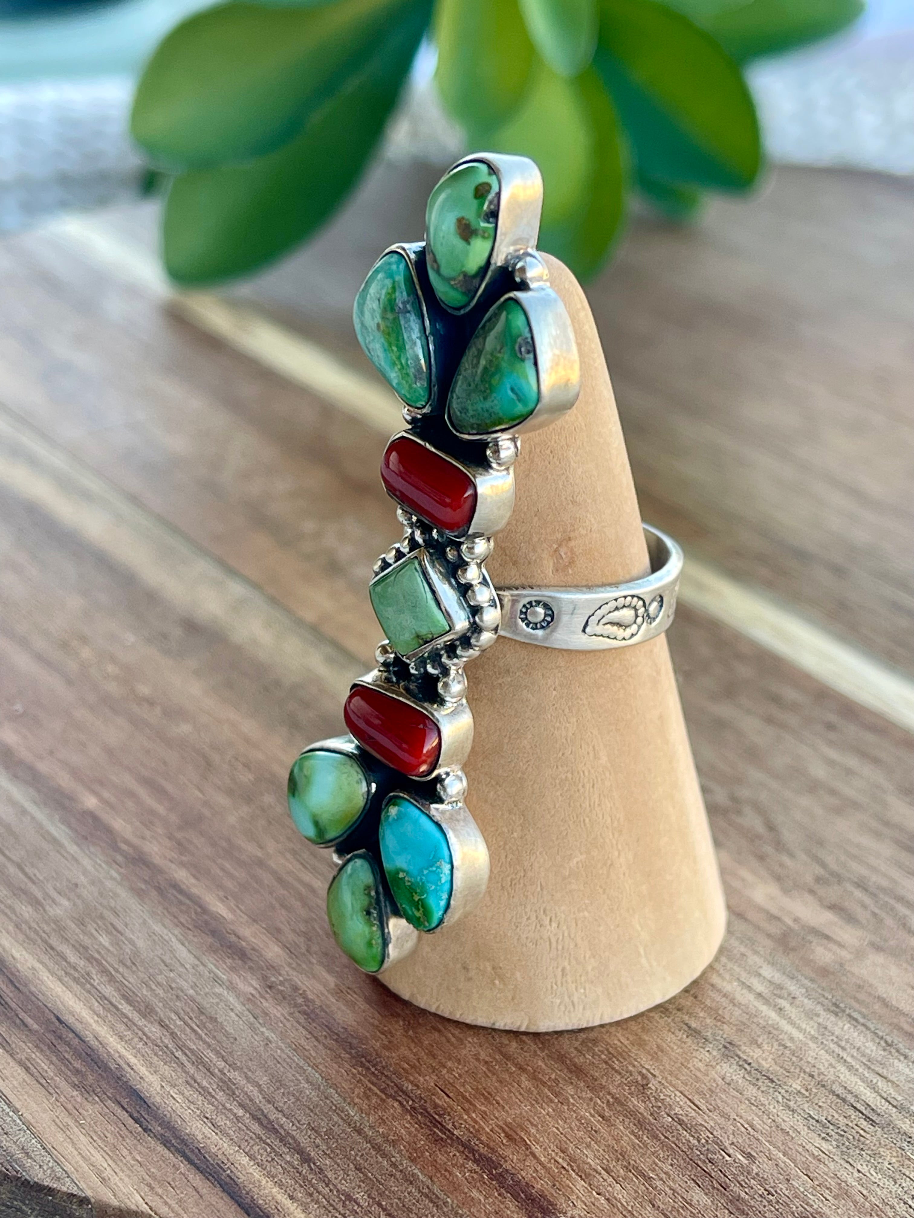 Beautiful Handmade Sonoran Turquoise, Coral And Sterling Silver Christmas Collection Adjustable Ring