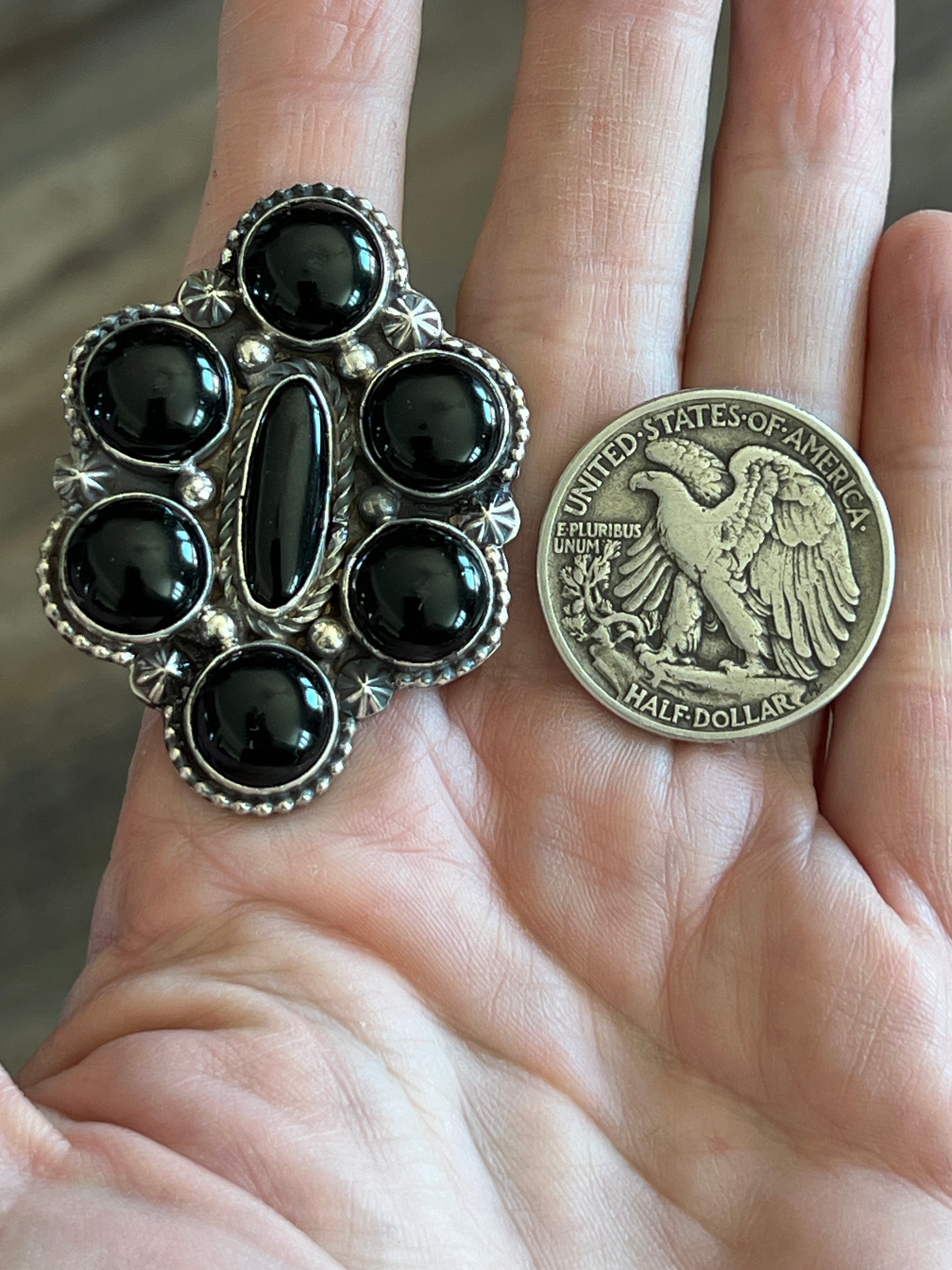 Handcrafted Sterling Silver and Black Onyx Cluster Ring by Rosella Paxson, Size 9