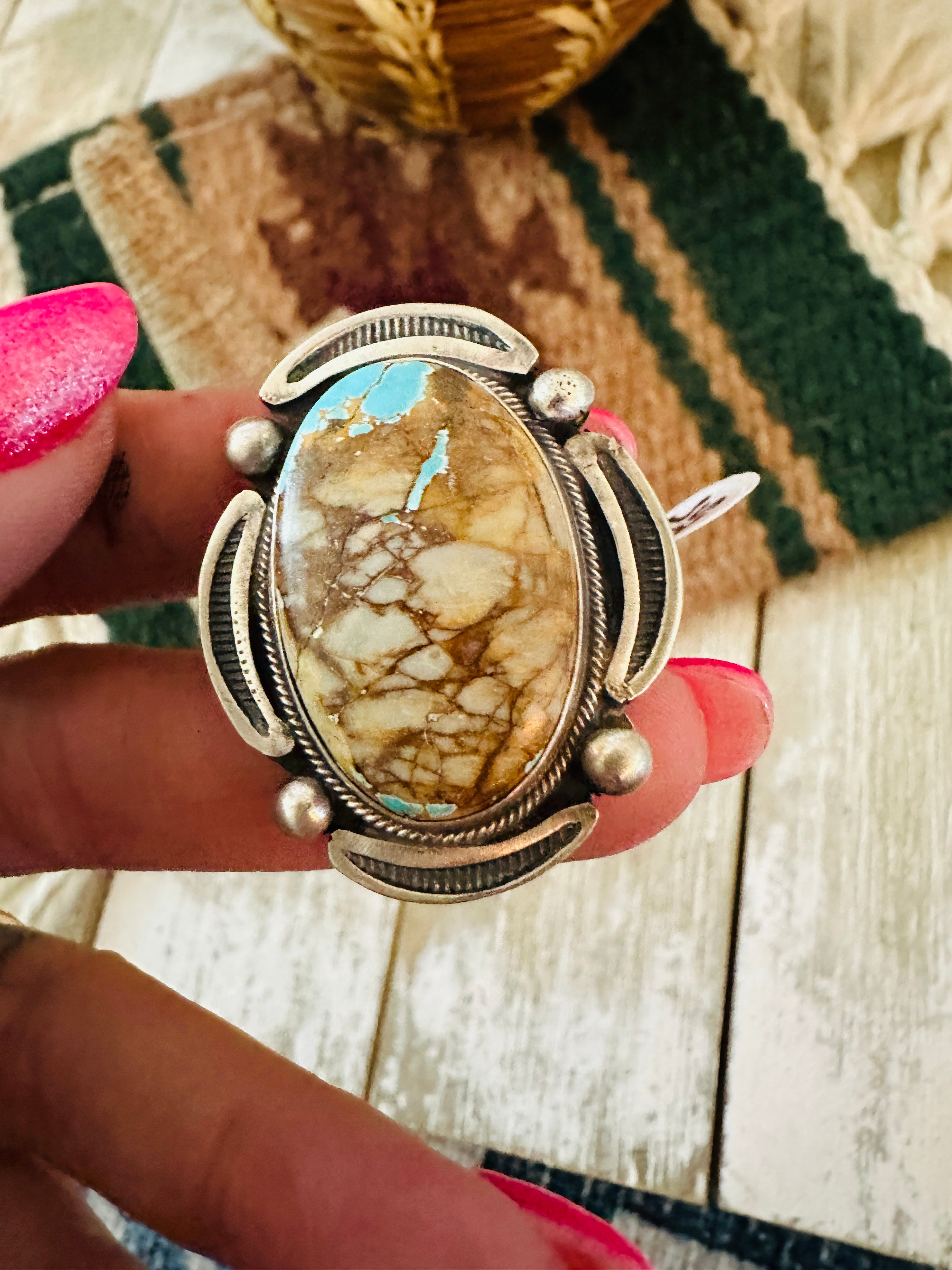 Handcrafted Sterling Silver & Ribbon Turquoise Ring Size 7.75