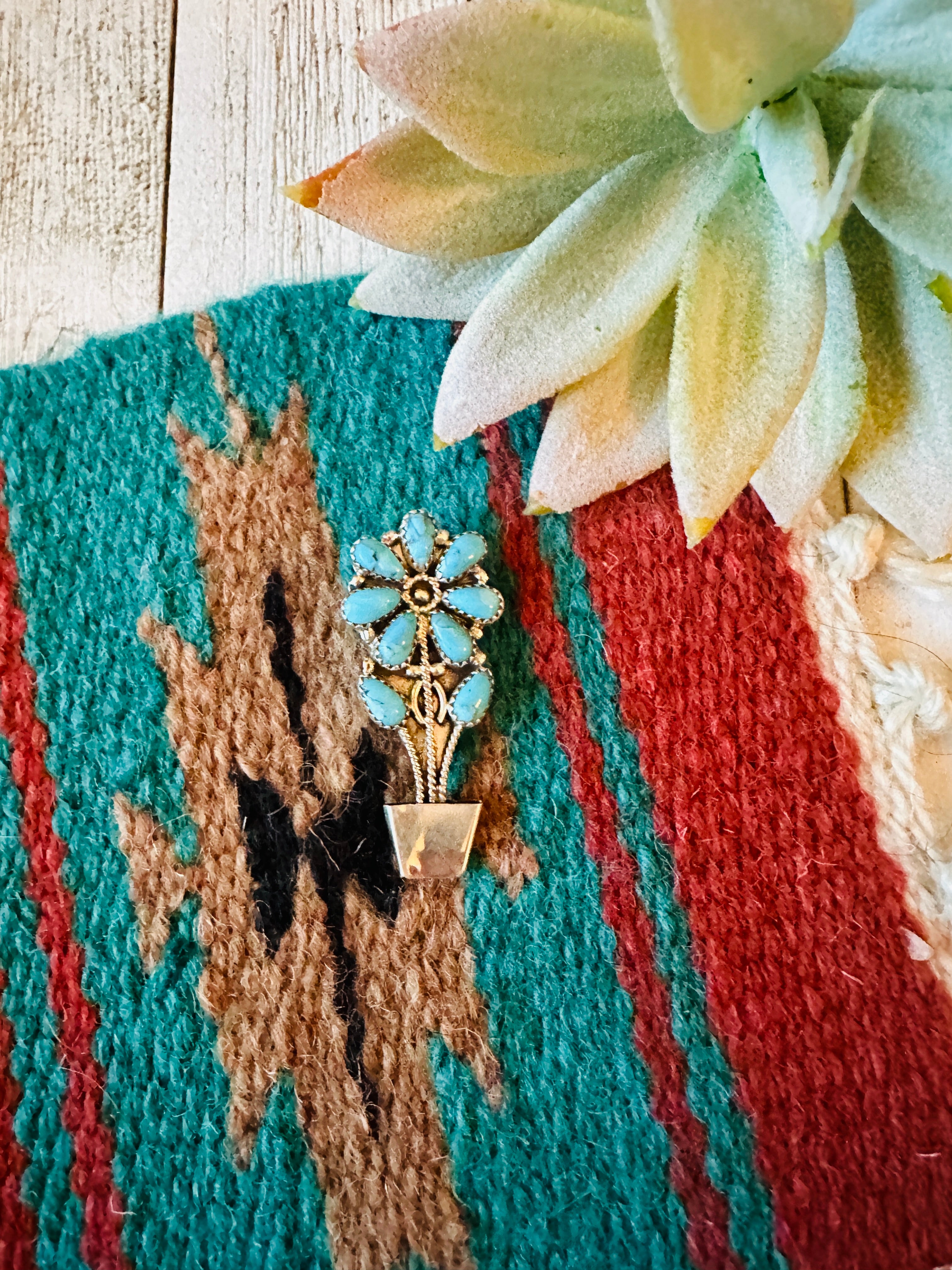 Navajo Turquoise & Sterling Silver Flower Brooch