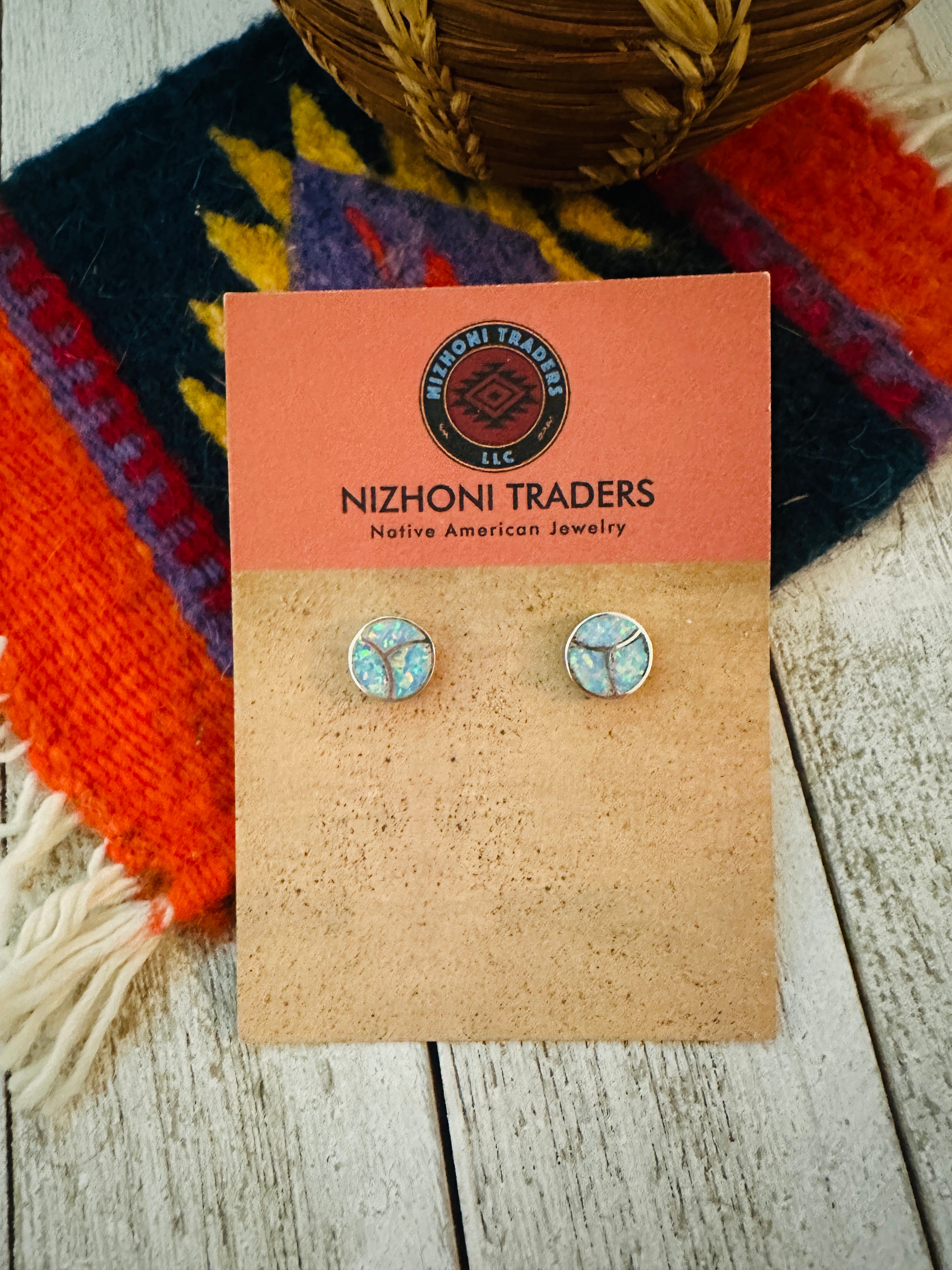 Zuni White Opal & Sterling Silver Inlay Stud Earrings