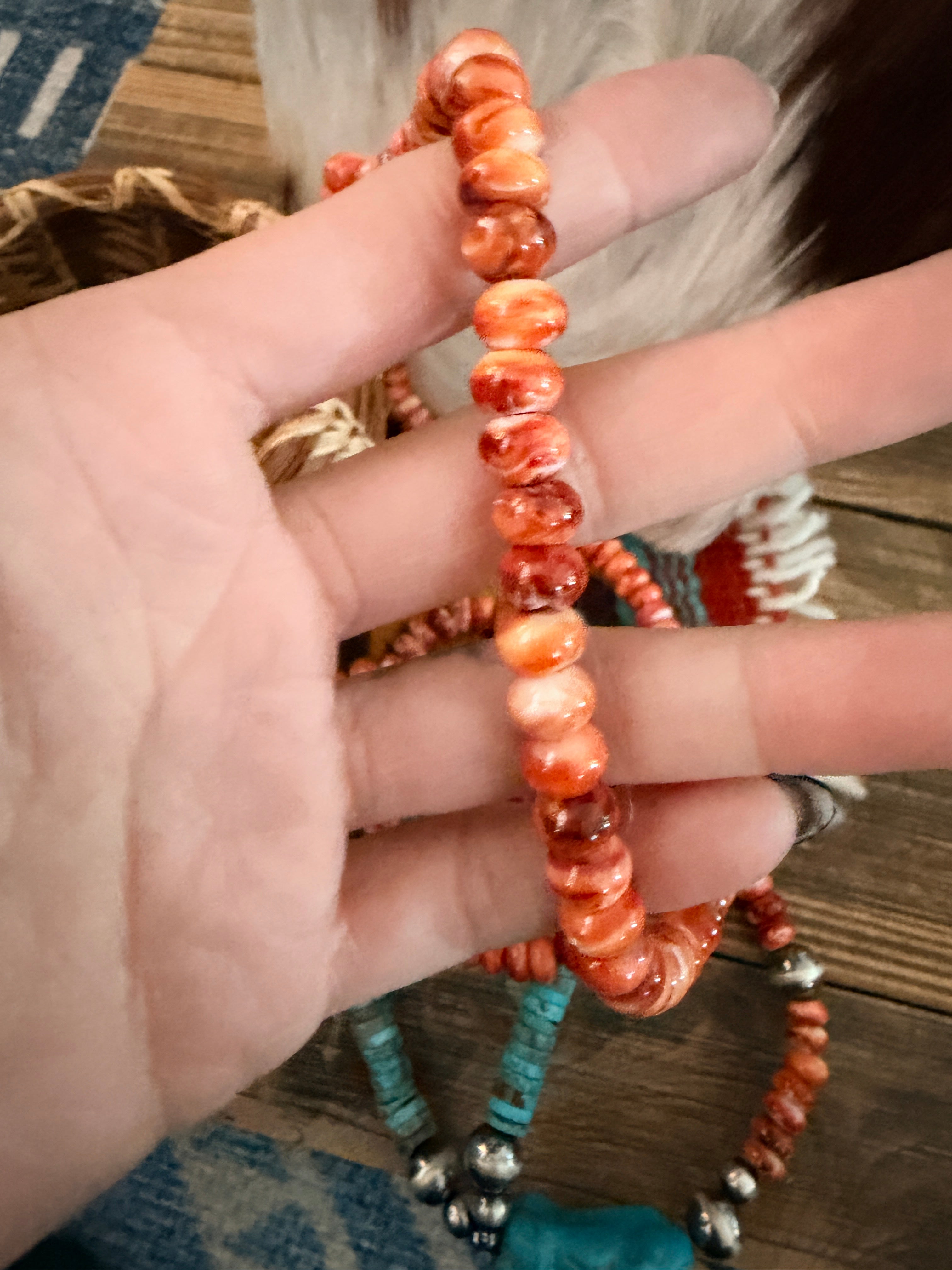 Handcrafted Spiny Oyster, Turquoise & Sterling Silver Beaded Lariat Necklace