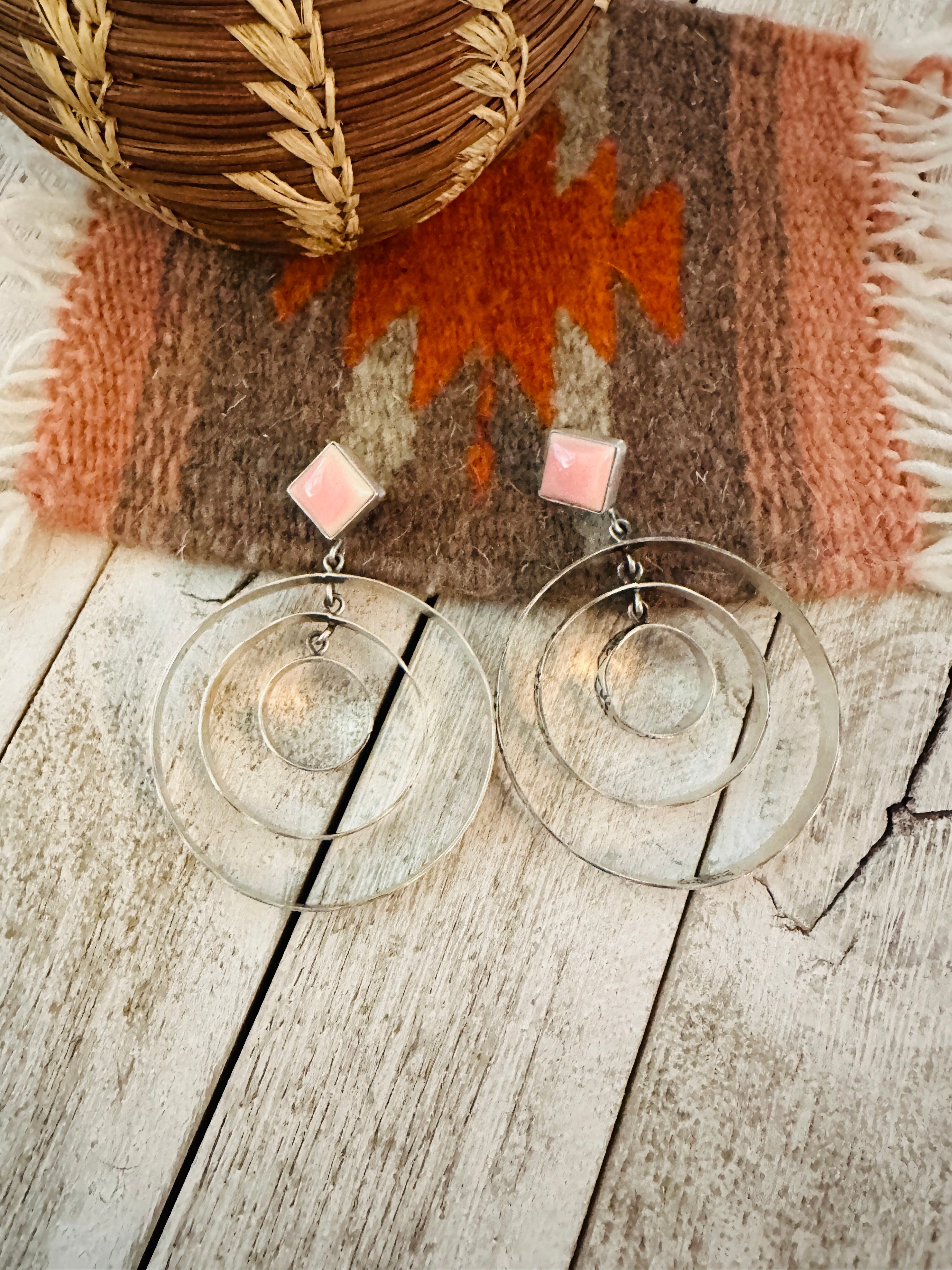 Navajo Sterling Silver & Queen Pink Conch Dangle Hoop Earrings