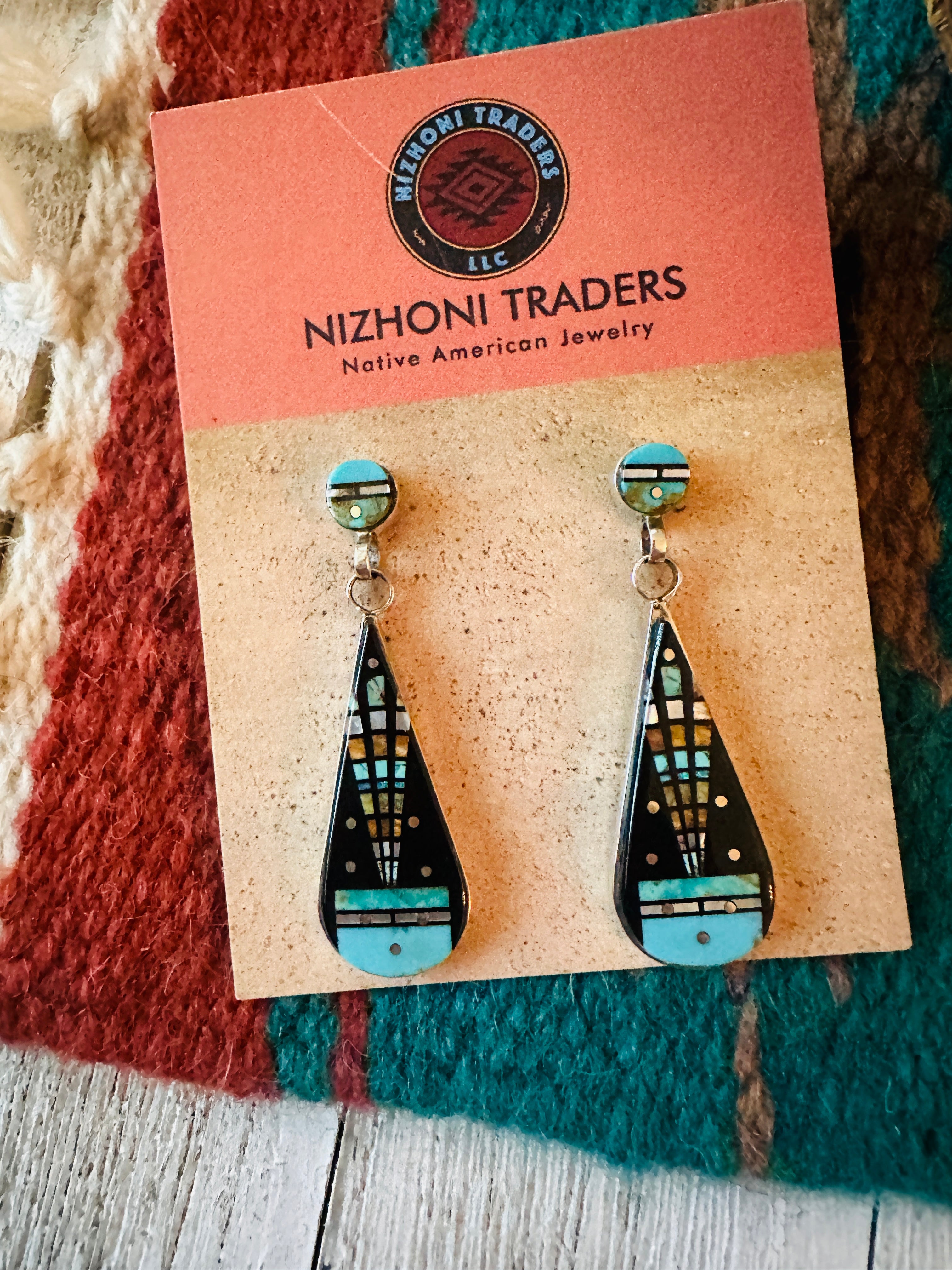 Navajo Sterling Silver & Multi Stone Inlay Dangle Earrings