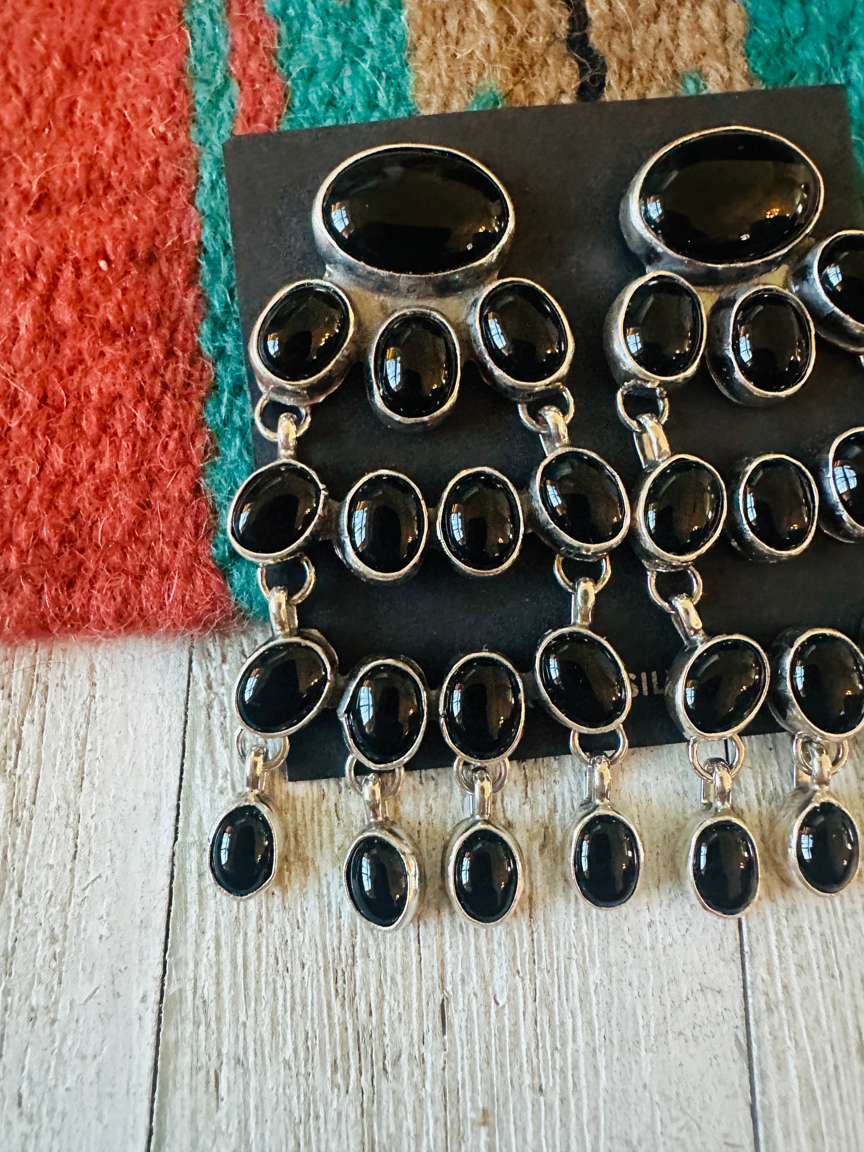 Navajo Sterling Silver & Black Onyx Chandelier Dangle Earrings