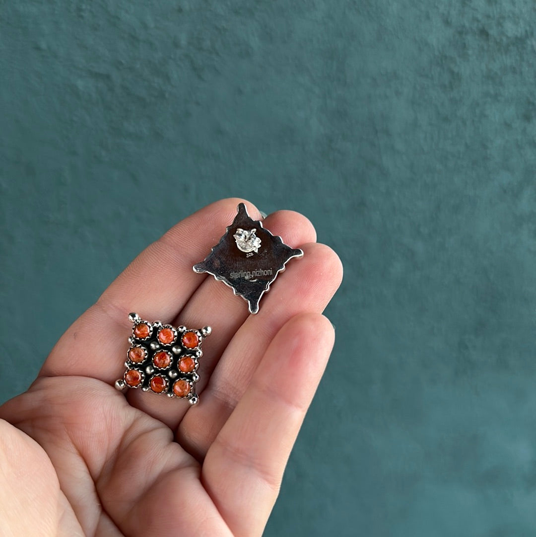 “Cowgirl Whispers” Handmade Orange Mojave And Sterling Silver Post Earrings Signed Nizhoni