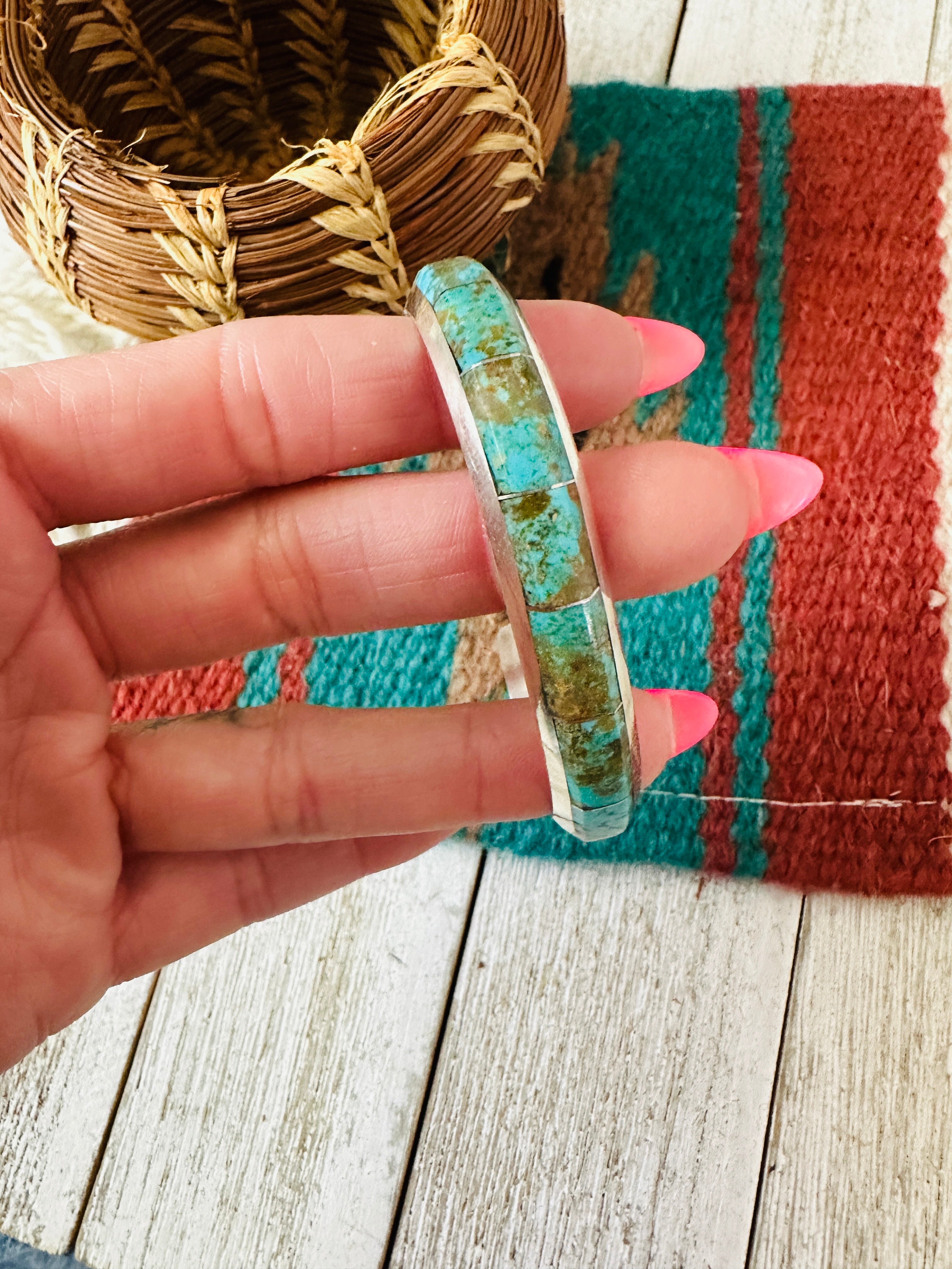 Handcrafted Number 8 Turquoise & Sterling Silver Inlay Cuff Bracelet