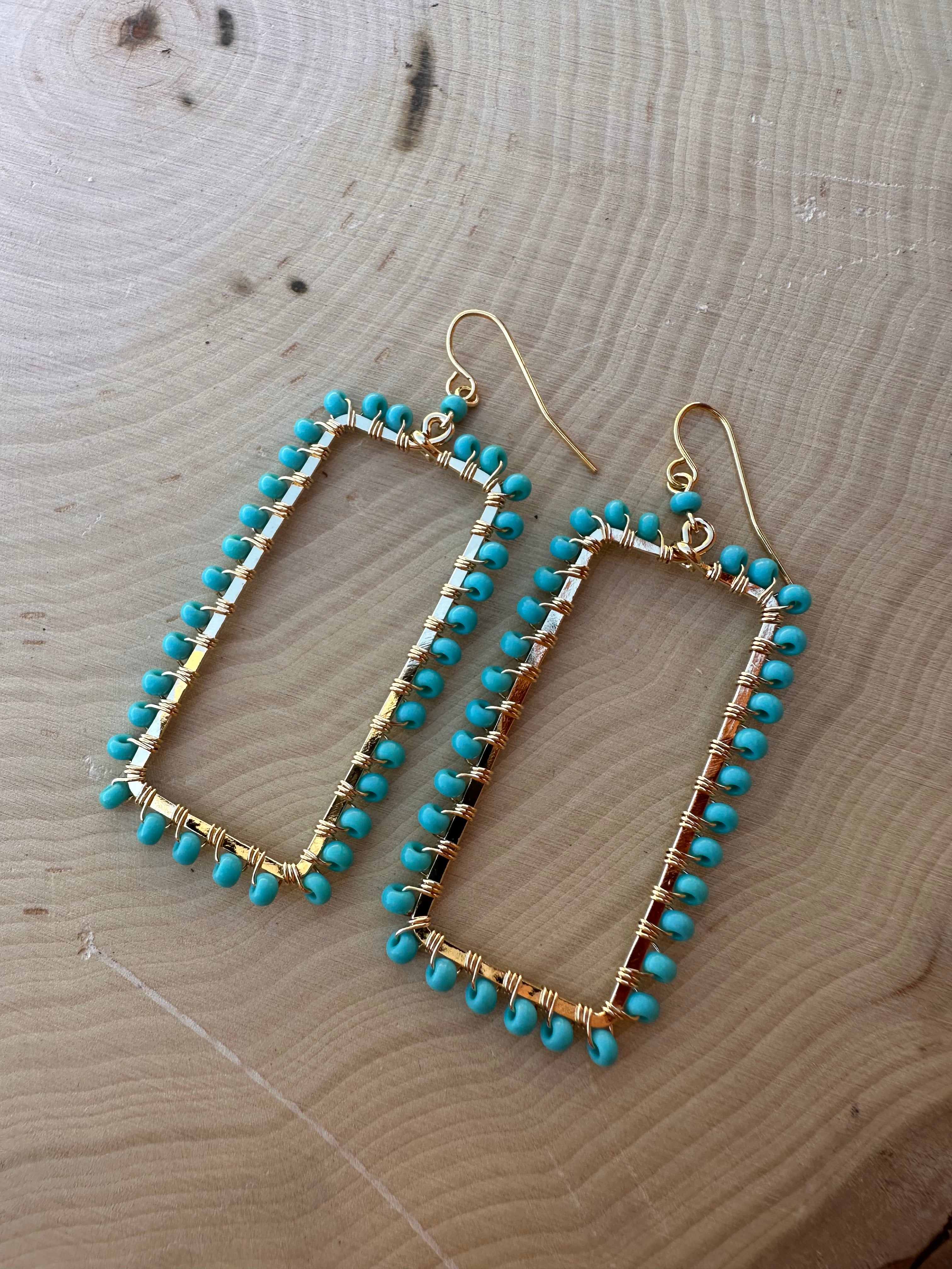 “The Golden Collection” Cool Summer Handmade Turquoise Beaded & 14k Gold Plated Earrings