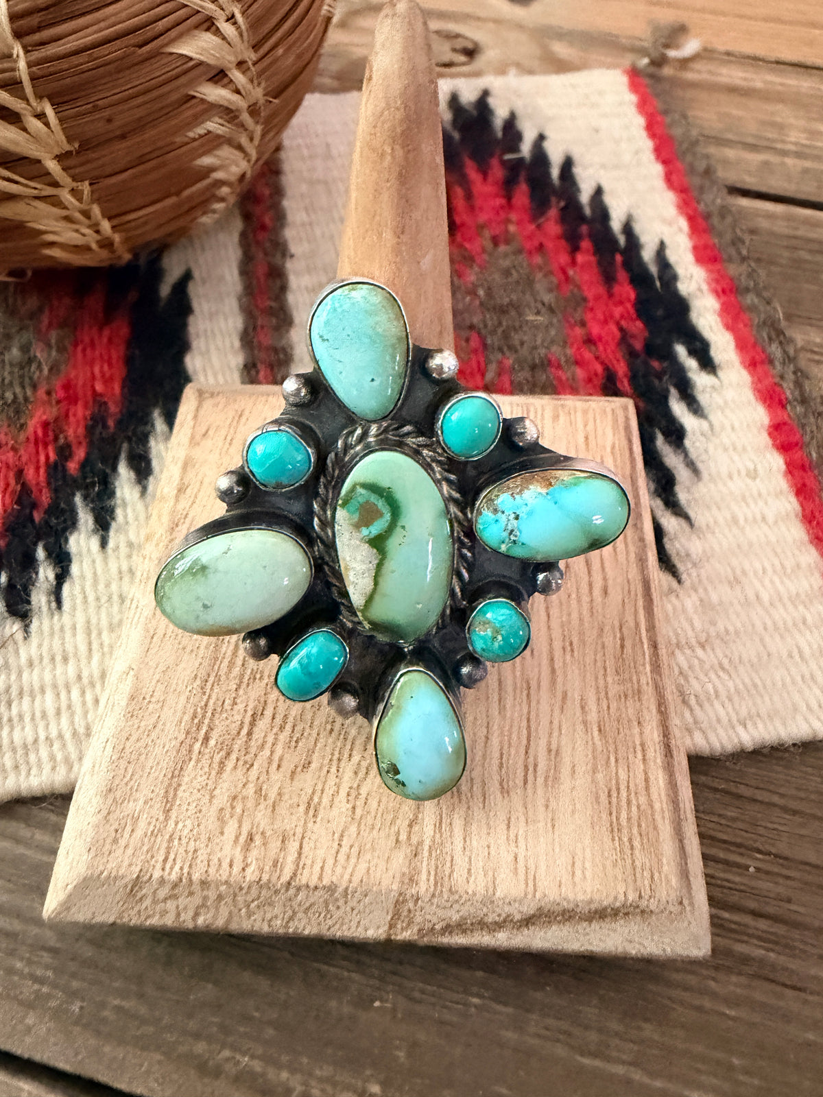 Handcrafted Turquoise & Sterling Silver Cluster Adjustable Ring
