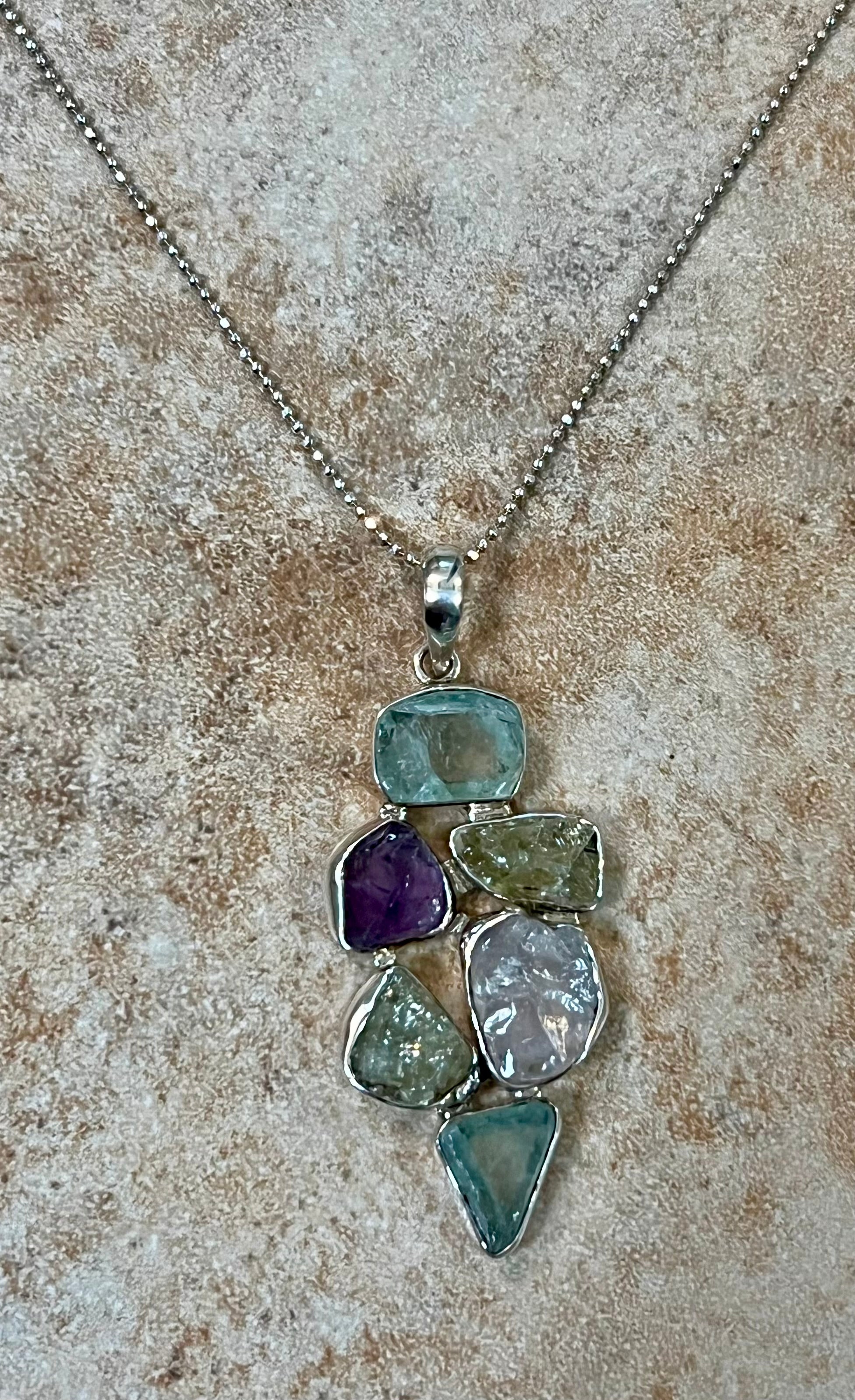 Fluorite Amethyst Pendant Sterling Silver Necklace