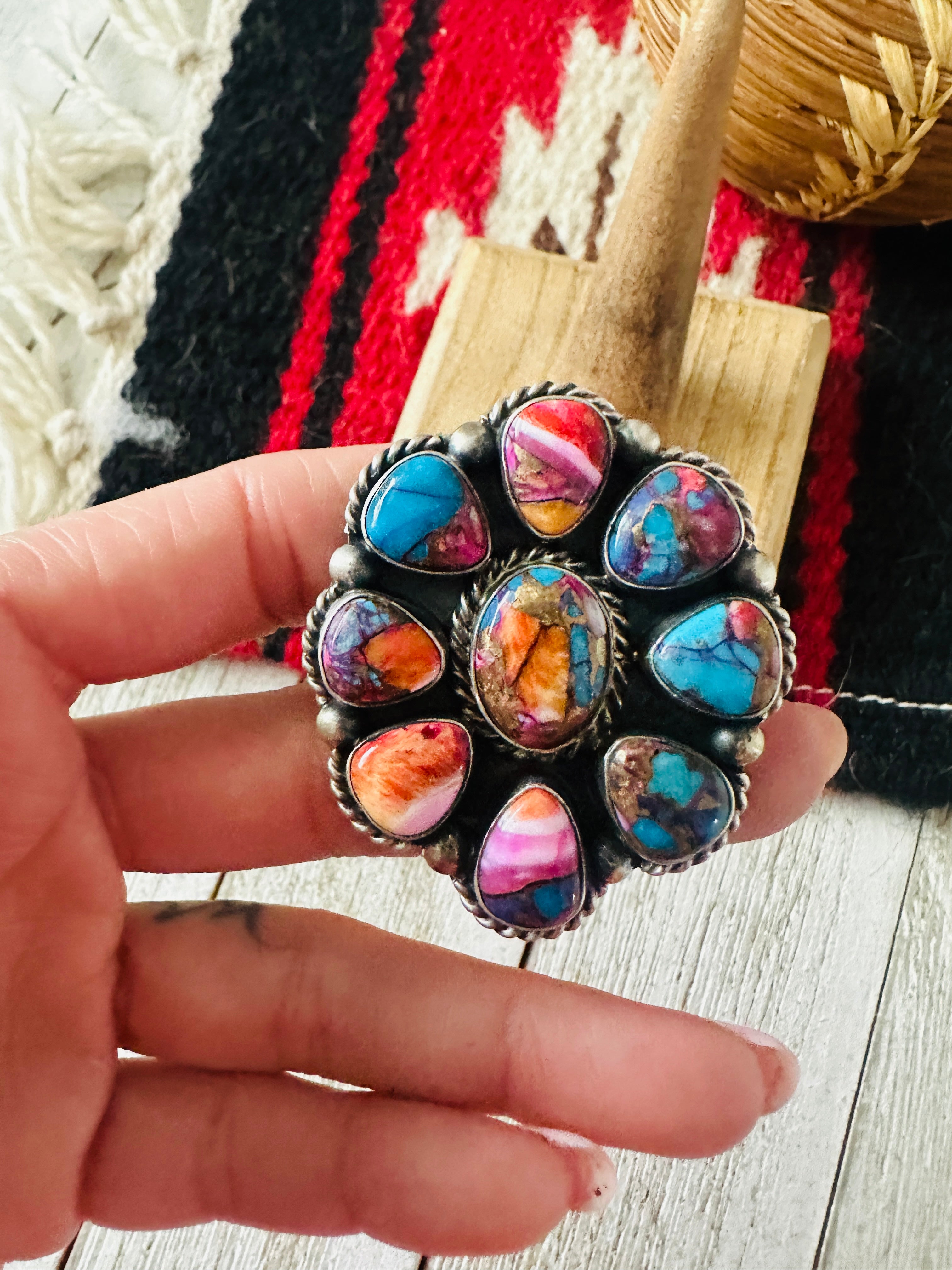 Handcrafted Sterling Silver & Pink Dream Mojave Cluster Adjustable Ring