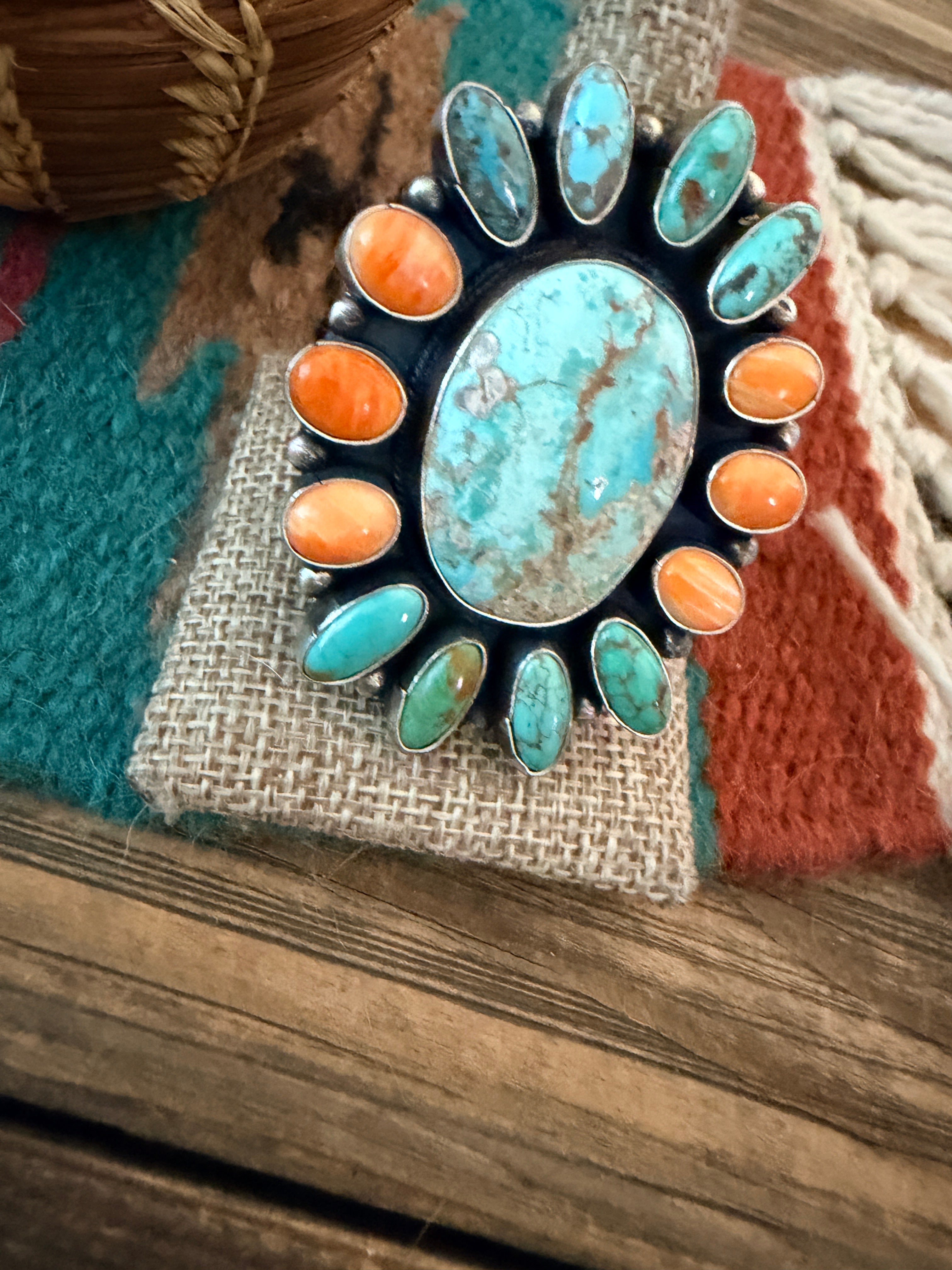 Handcrafted Spiny Oyster, Turquoise & Sterling Silver Cluster Ring by Sheila Becenti Size 11.5