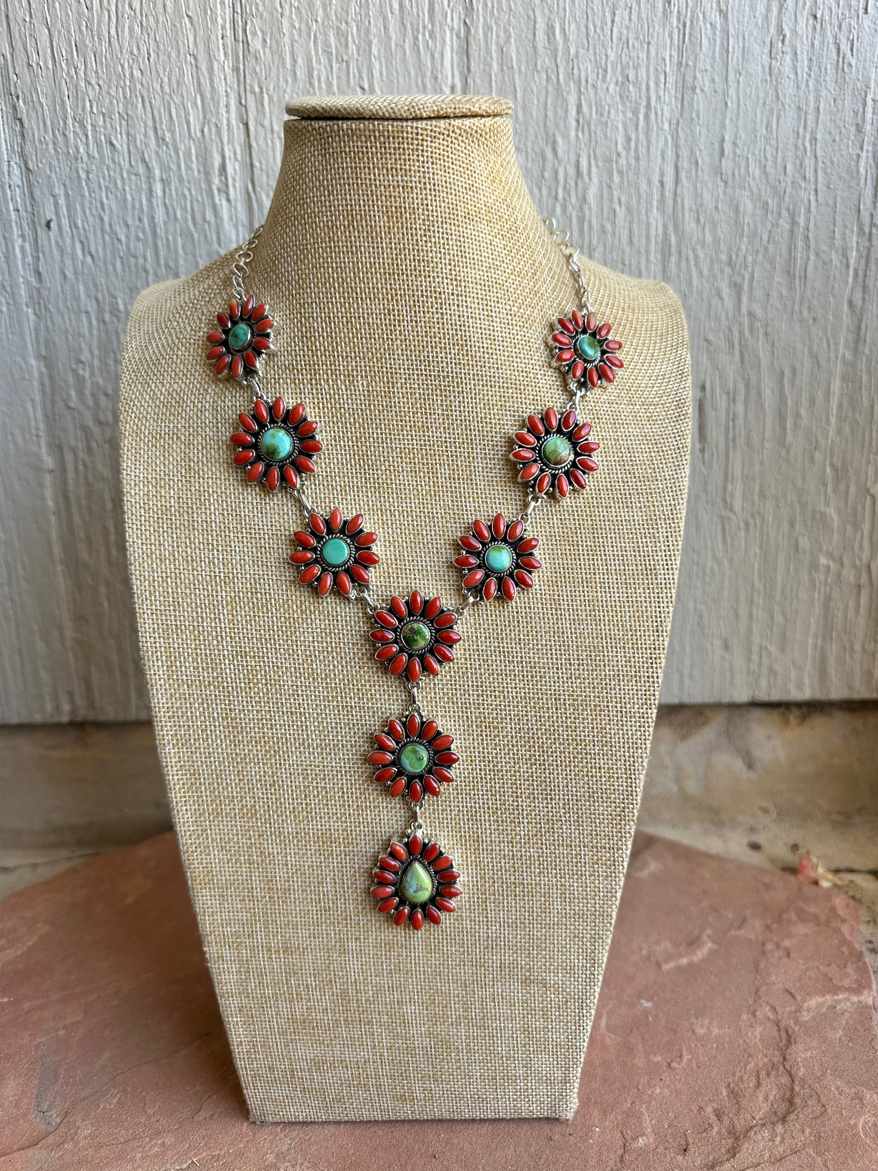 Beautiful Handmade Sterling Silver, Coral & Sonoran Turquoise Lariat Necklace