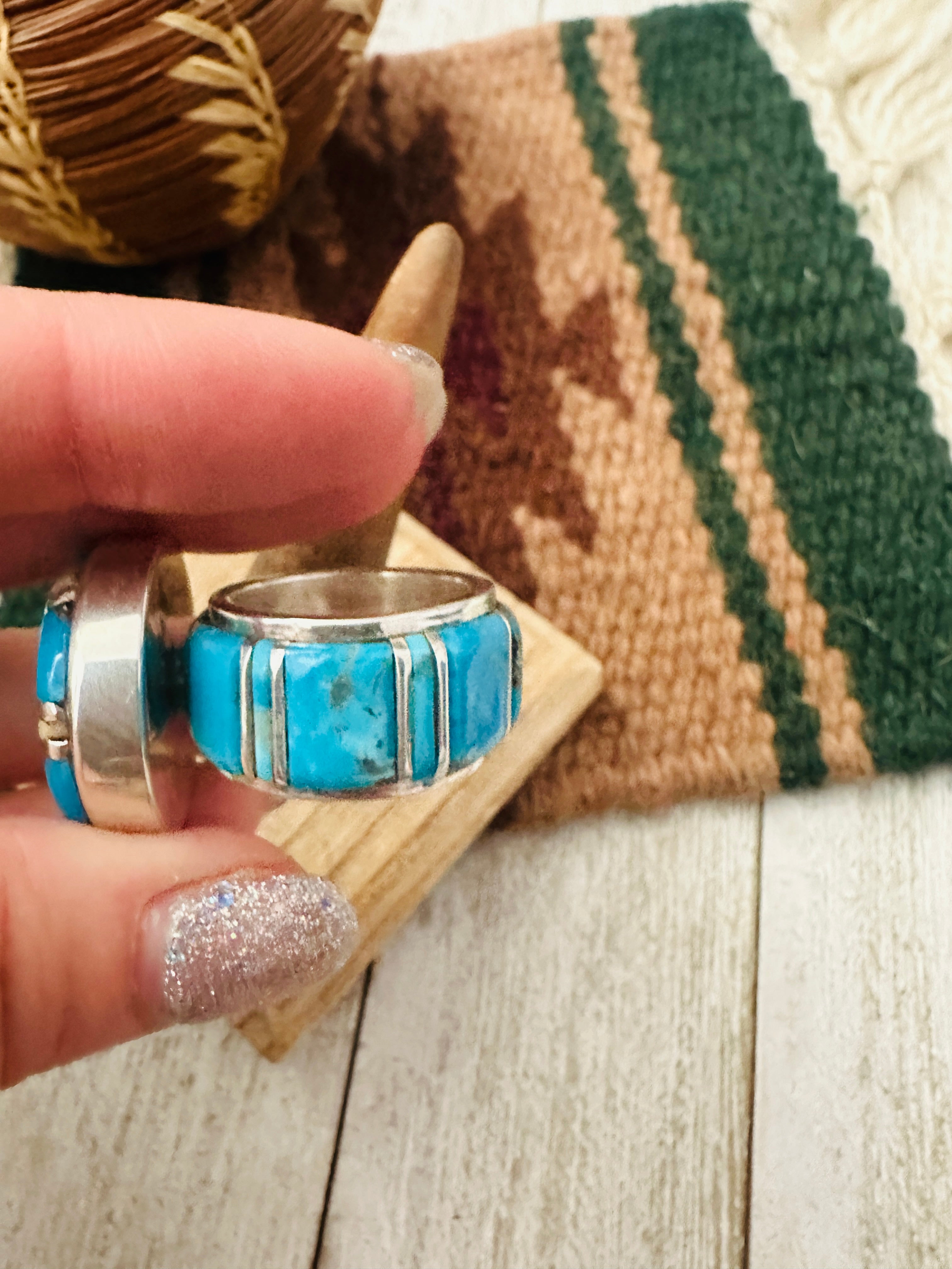 Navajo Sterling Silver, Turquoise & Opal Inlay Band Ring Size 7.5