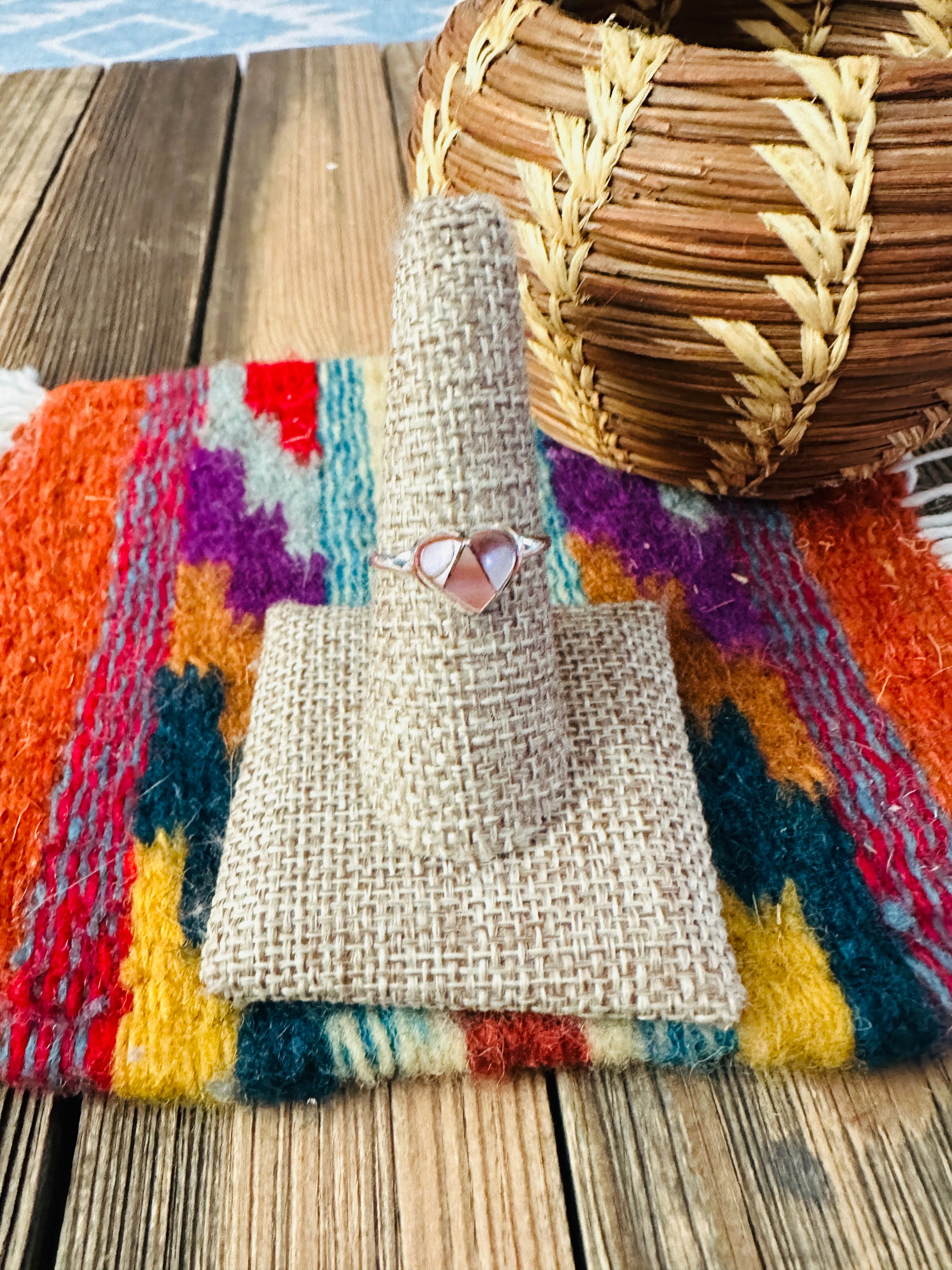 Handcrafted Mother of Pearl & Sterling Silver Inlay Heart Ring Size 8