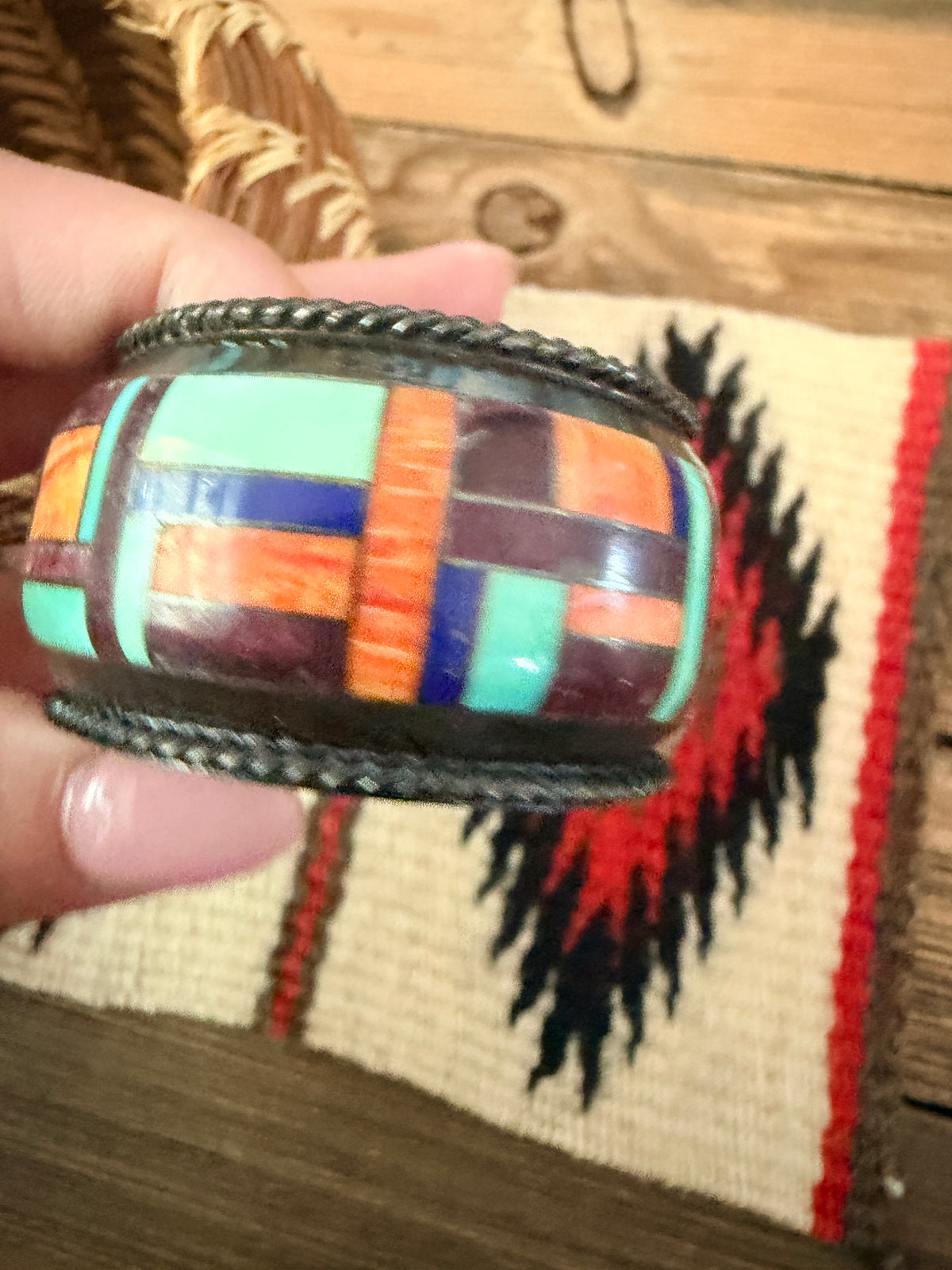 Handcrafted Old Pawn Sterling Silver & Multi Stone Inlay Cuff Bracelet