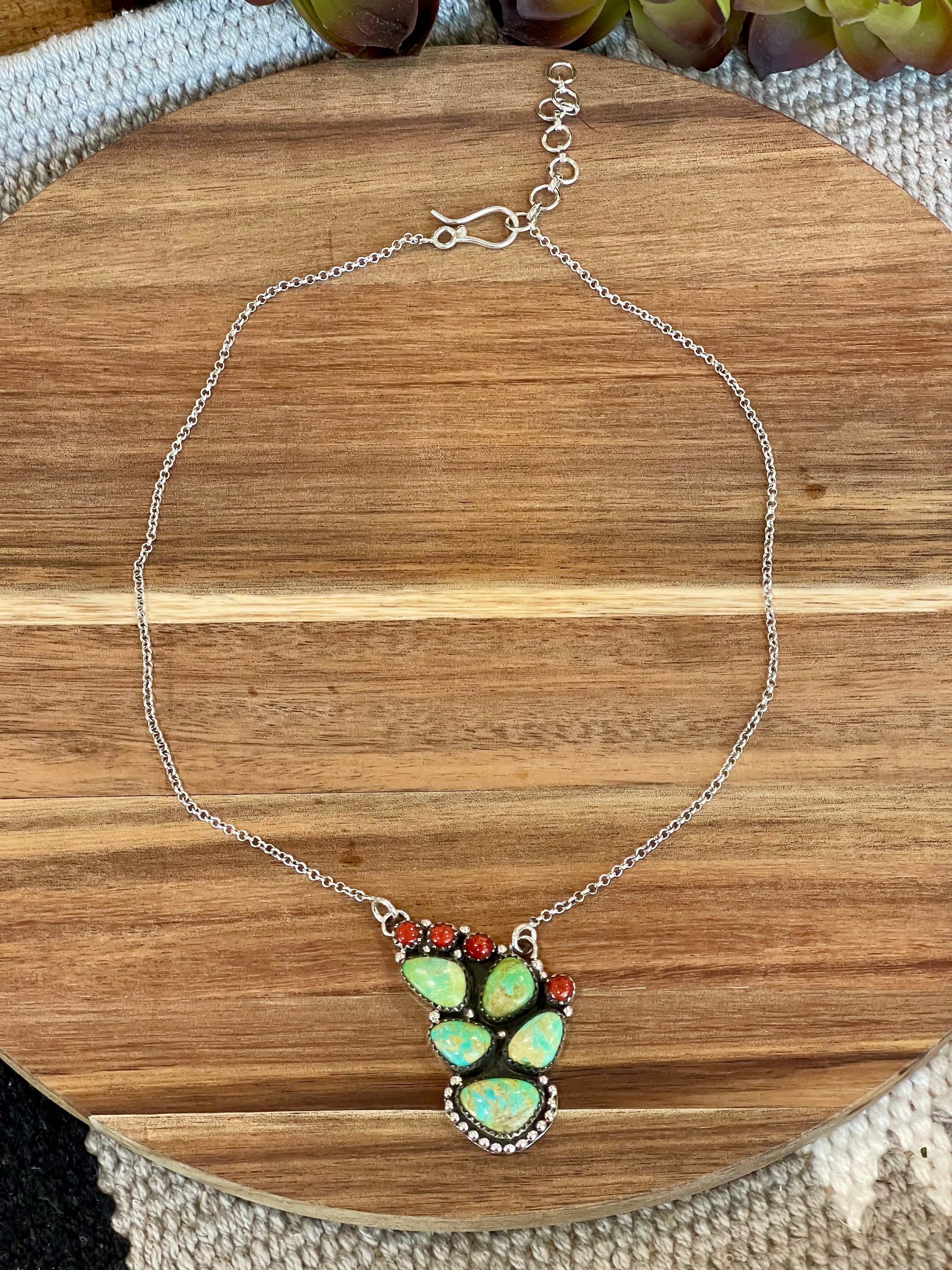 Handmade Sterling Silver, Coral & Turquoise Cactus Necklace