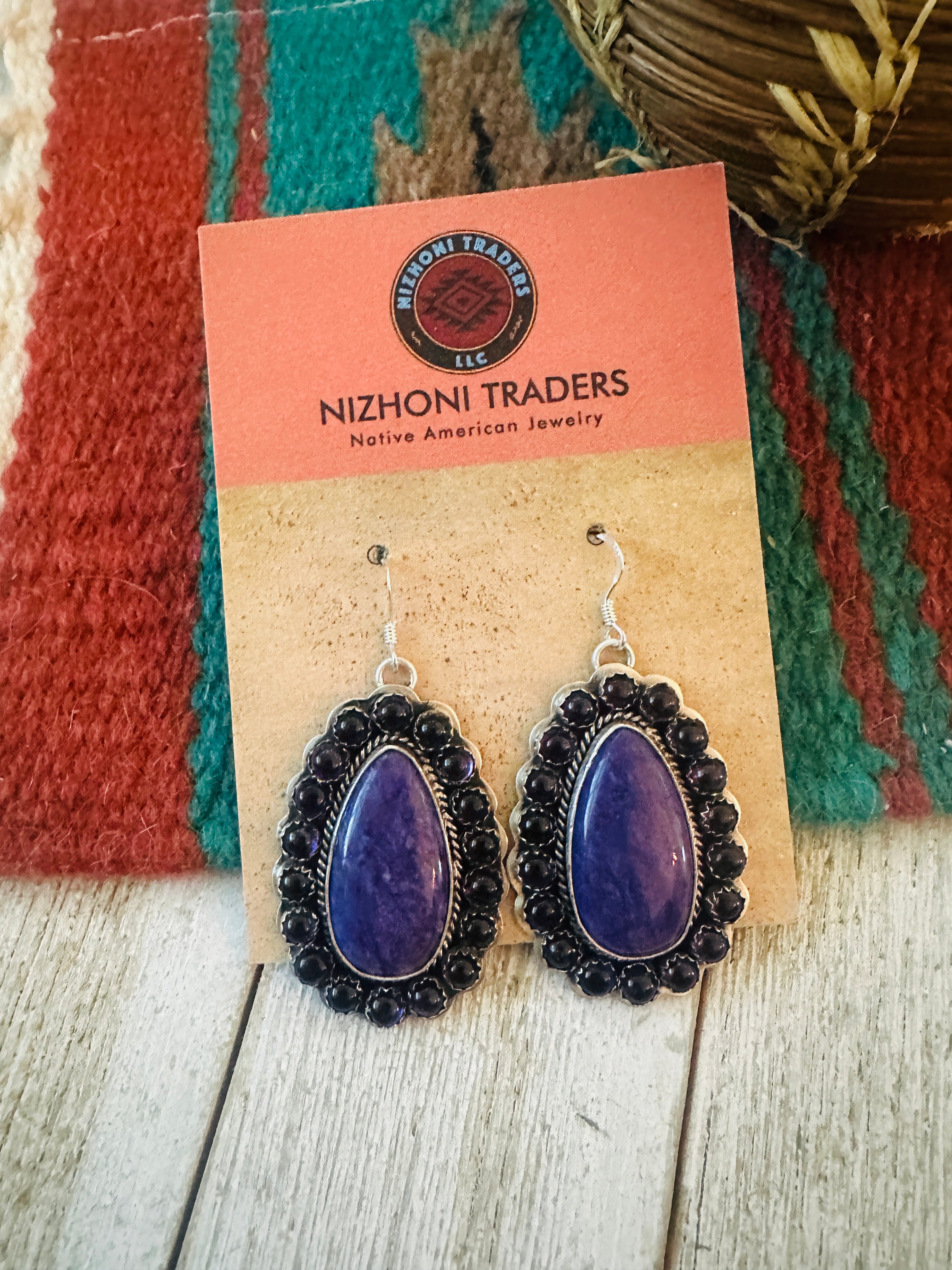Navajo Sterling Silver, Charoite & Amethyst Cluster Dangle Earrings