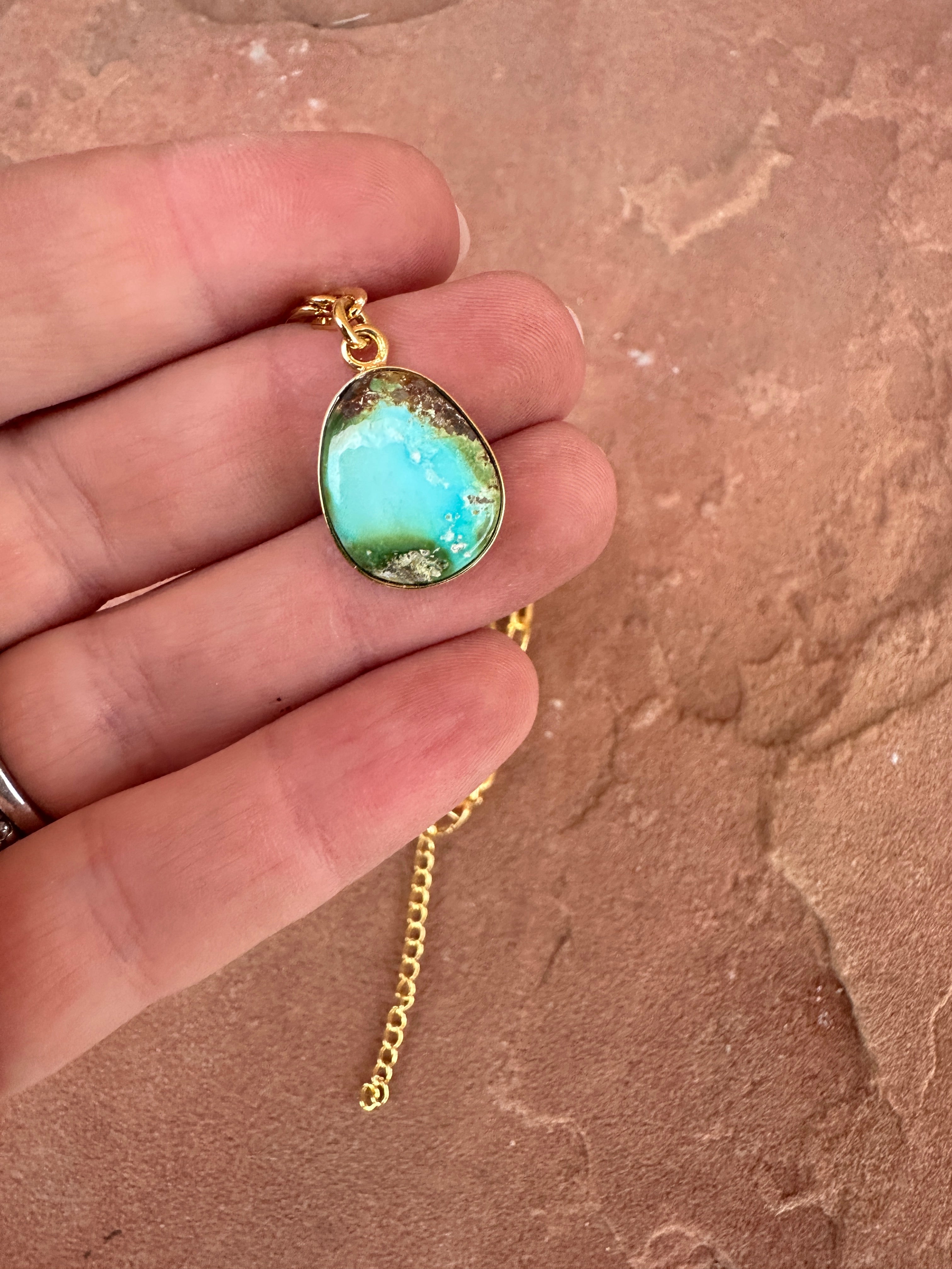 “The Golden Collection” THE SONORAN Handmade Natural Sonoran Mountain Turquoise 14k Gold Plated Necklace teardrop