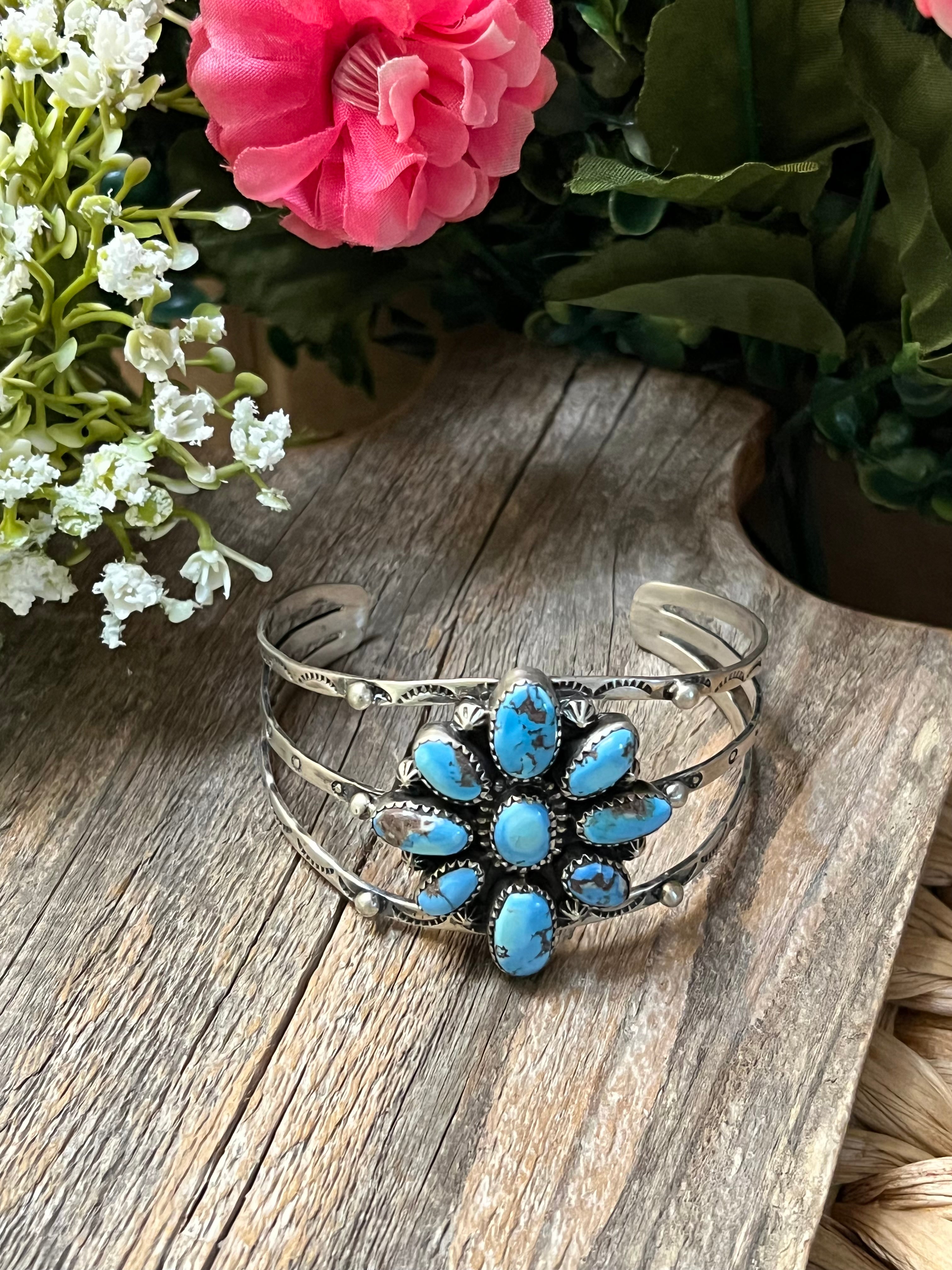 Handmade Golden Hills Turquoise Cluster Sterling Silver Cuff Bracelet (02)