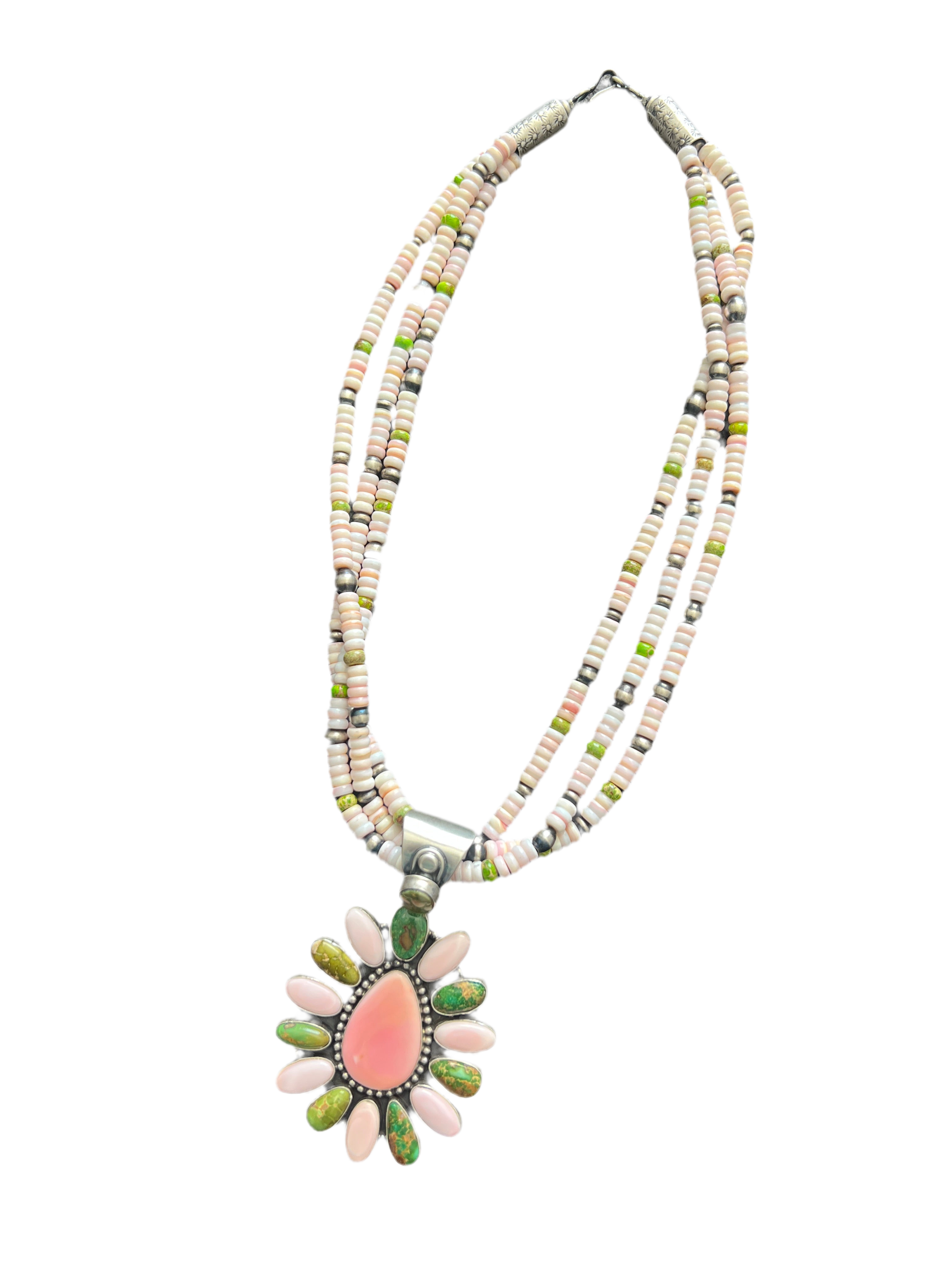 Handcrafted Sonoran Gold Turquoise, Sterling Silver and Pink Conch Cluster Pendant w/ Beaded Multistrand Necklace by Patrick Yazzie