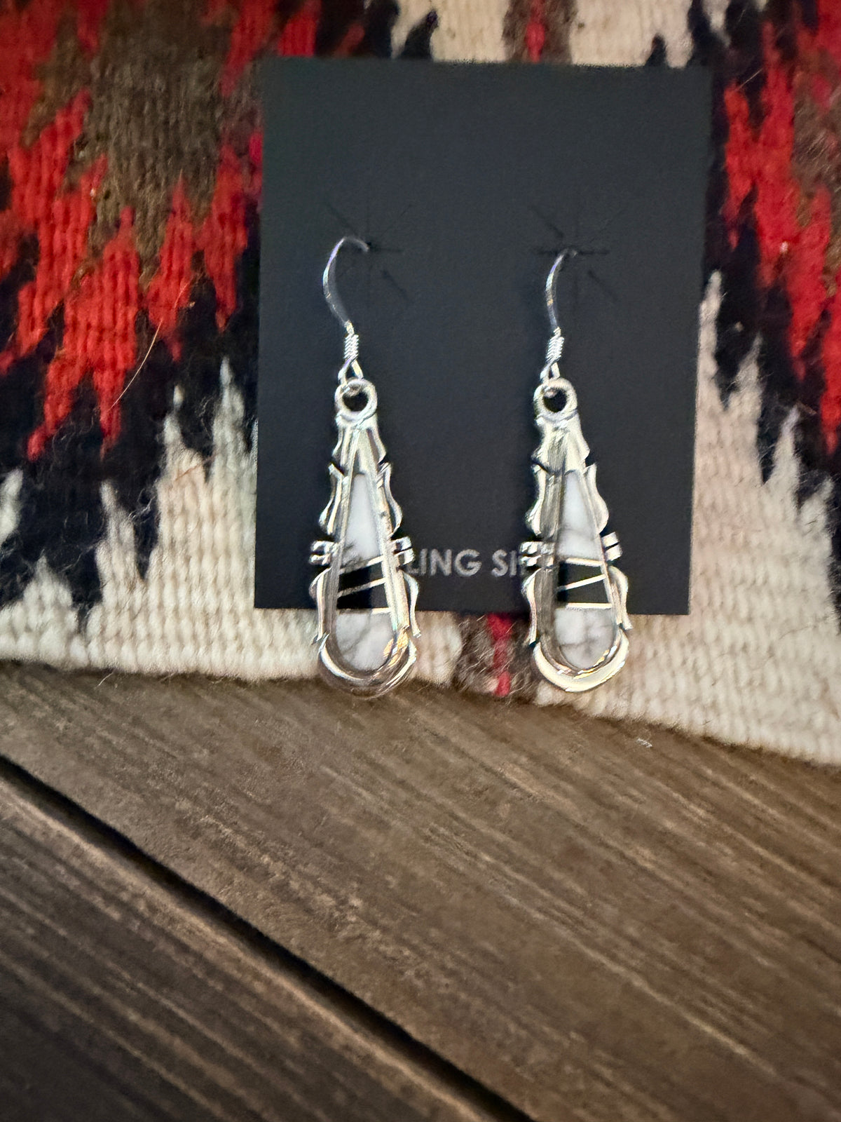 Handcrafted White Buffalo, Onyx & Sterling Silver Inlay Dangle Earrings