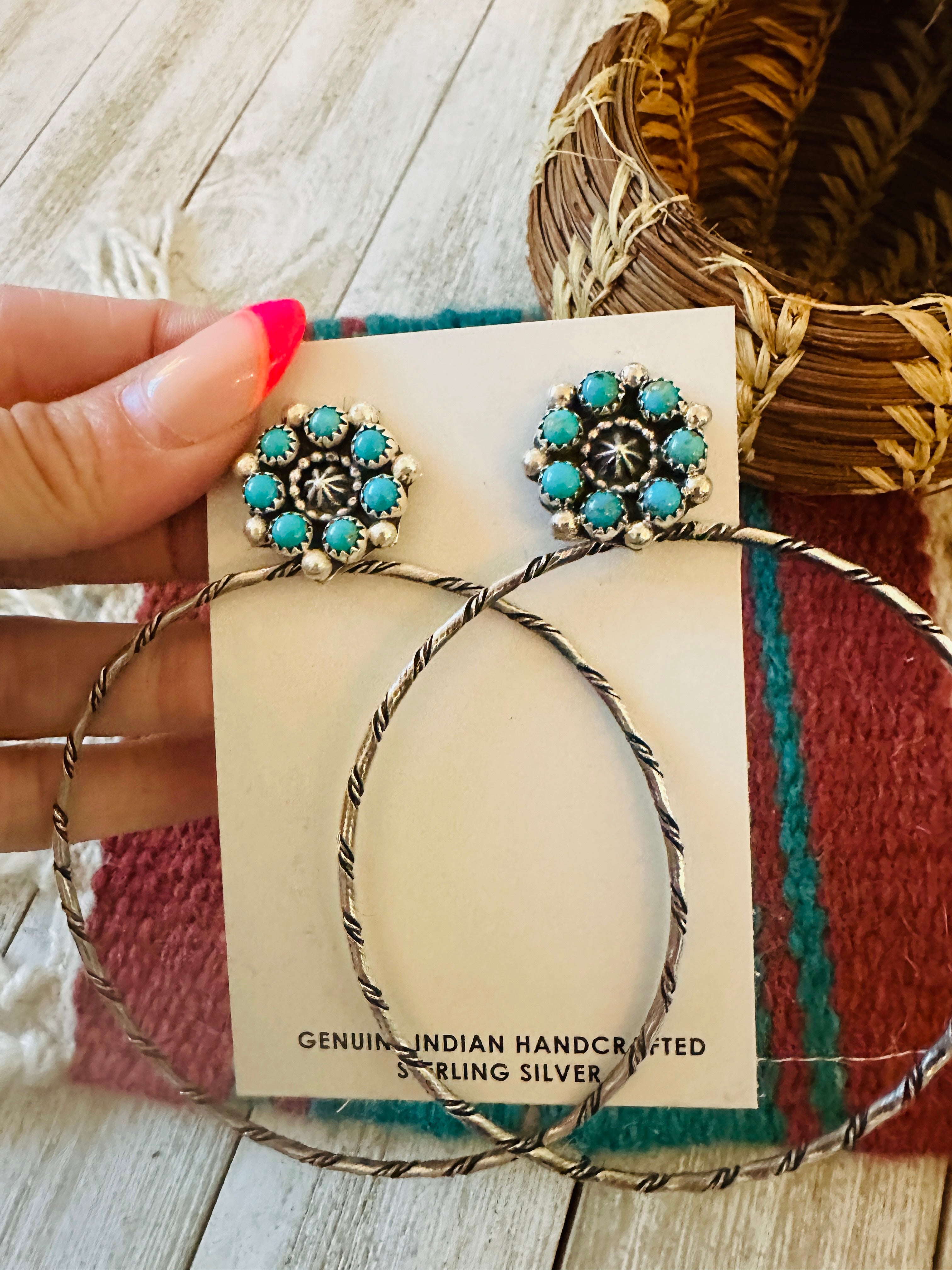 Handcrafted Turquoise and Sterling Silver Cluster Hoop Earrings