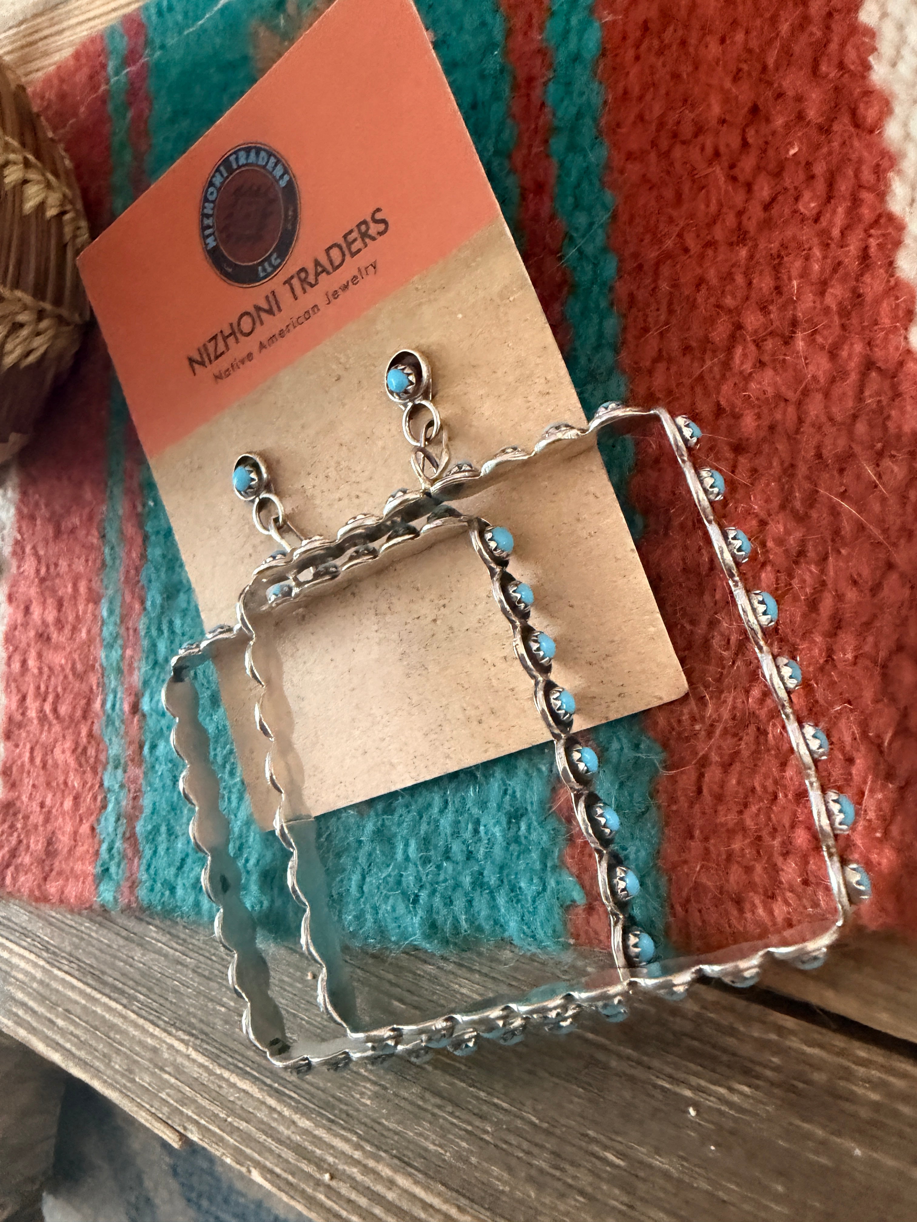 Handcrafted Turquoise & Sterling Silver Snake Eye Dangle Hoop Earrings