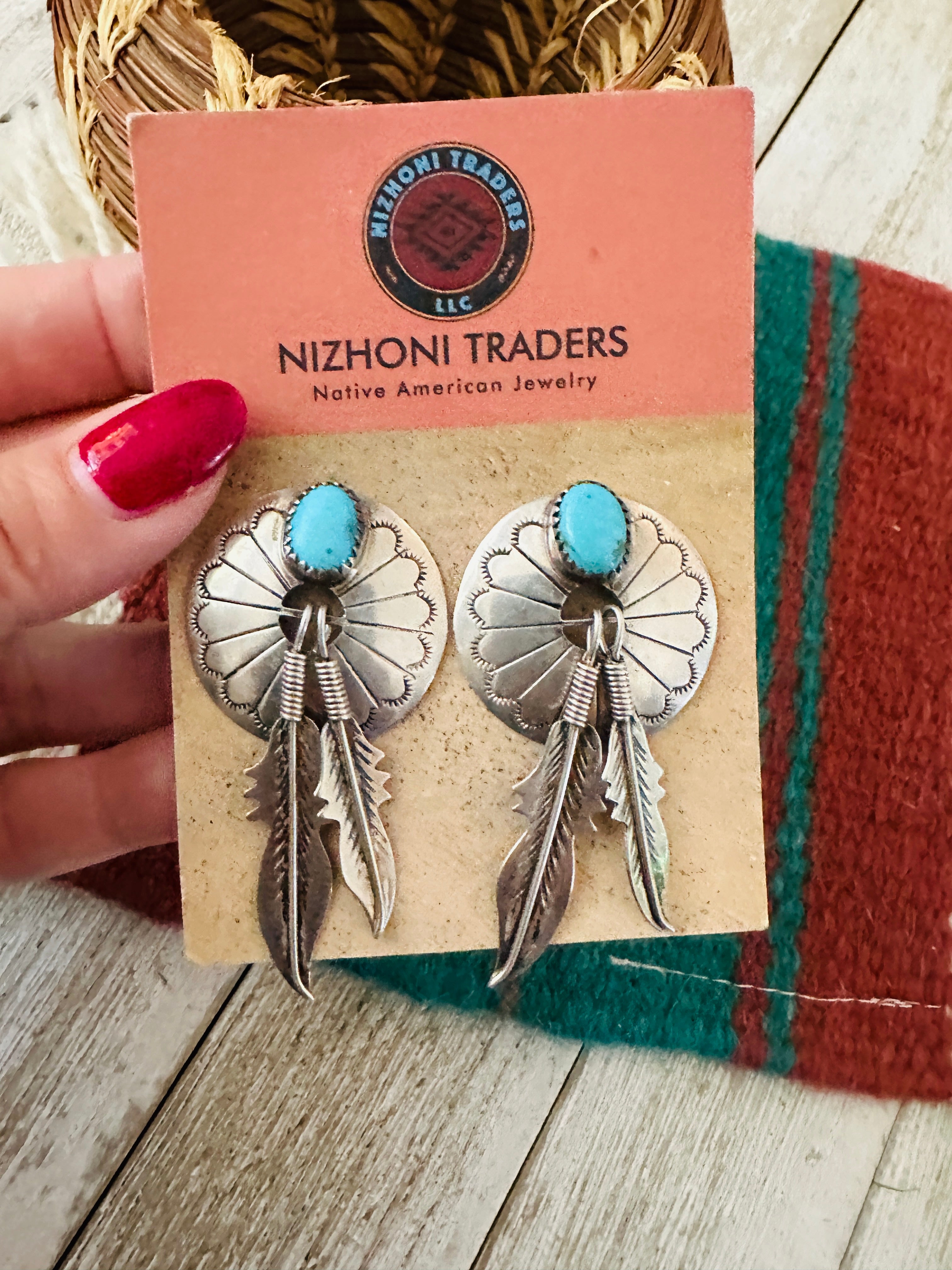 Handcrafted Old Pawn Kingman Turquoise & Sterling Silver Feather Concho Dangle Earrings