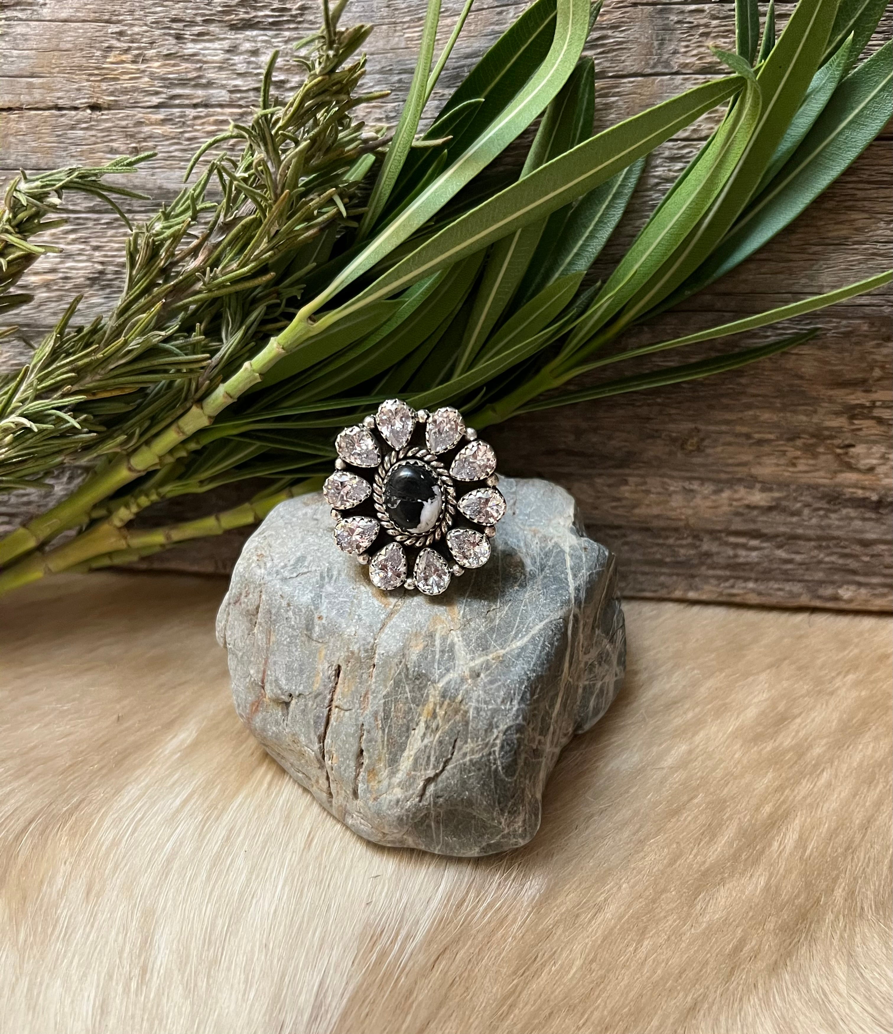 Handmade White Buffalo & CZ Sterling Silver Adjustable Ring