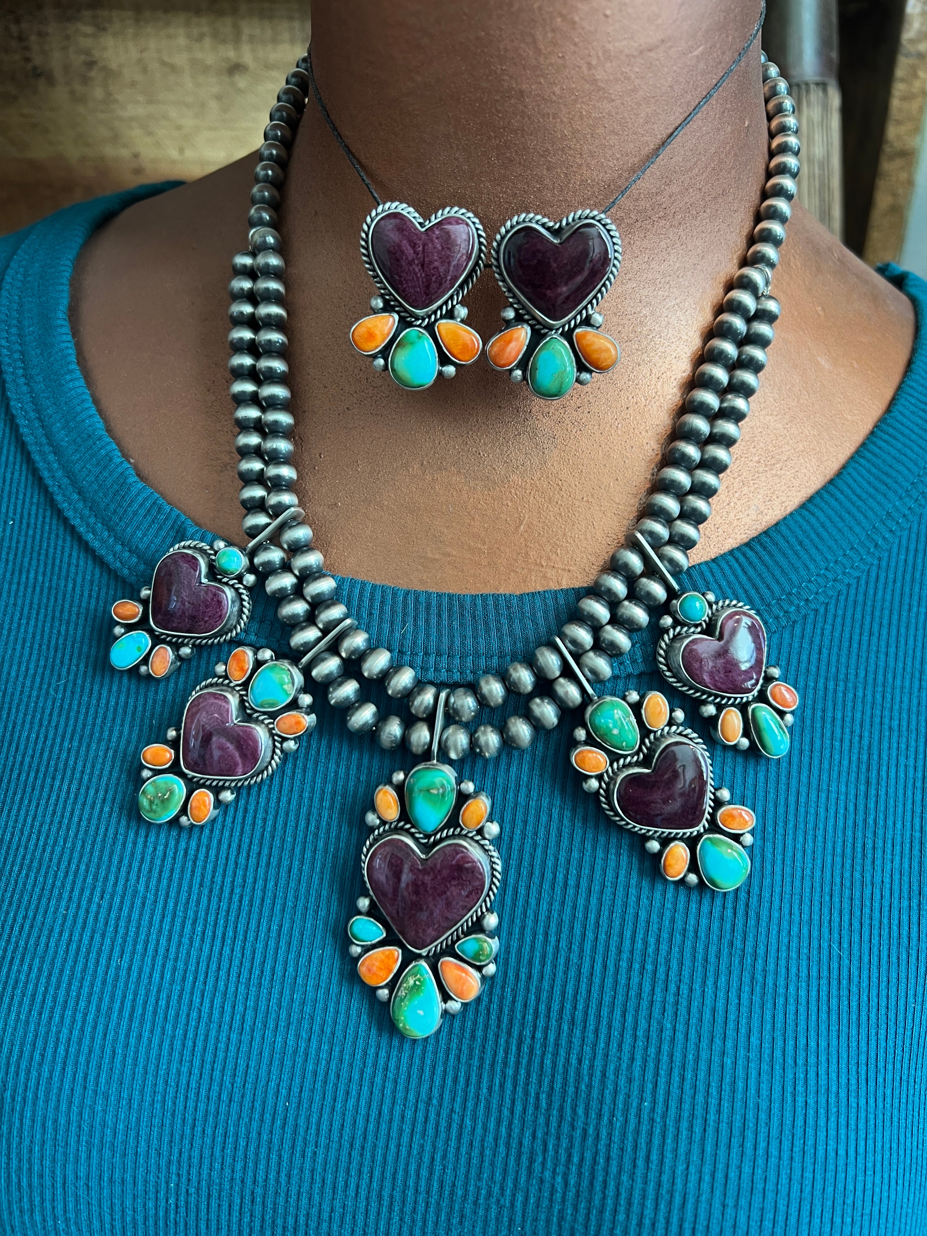 Handcrafted Sterling Silver Electric Rainbow Beaded Heart Cluster Necklace & Earrings Set by Angela Martin