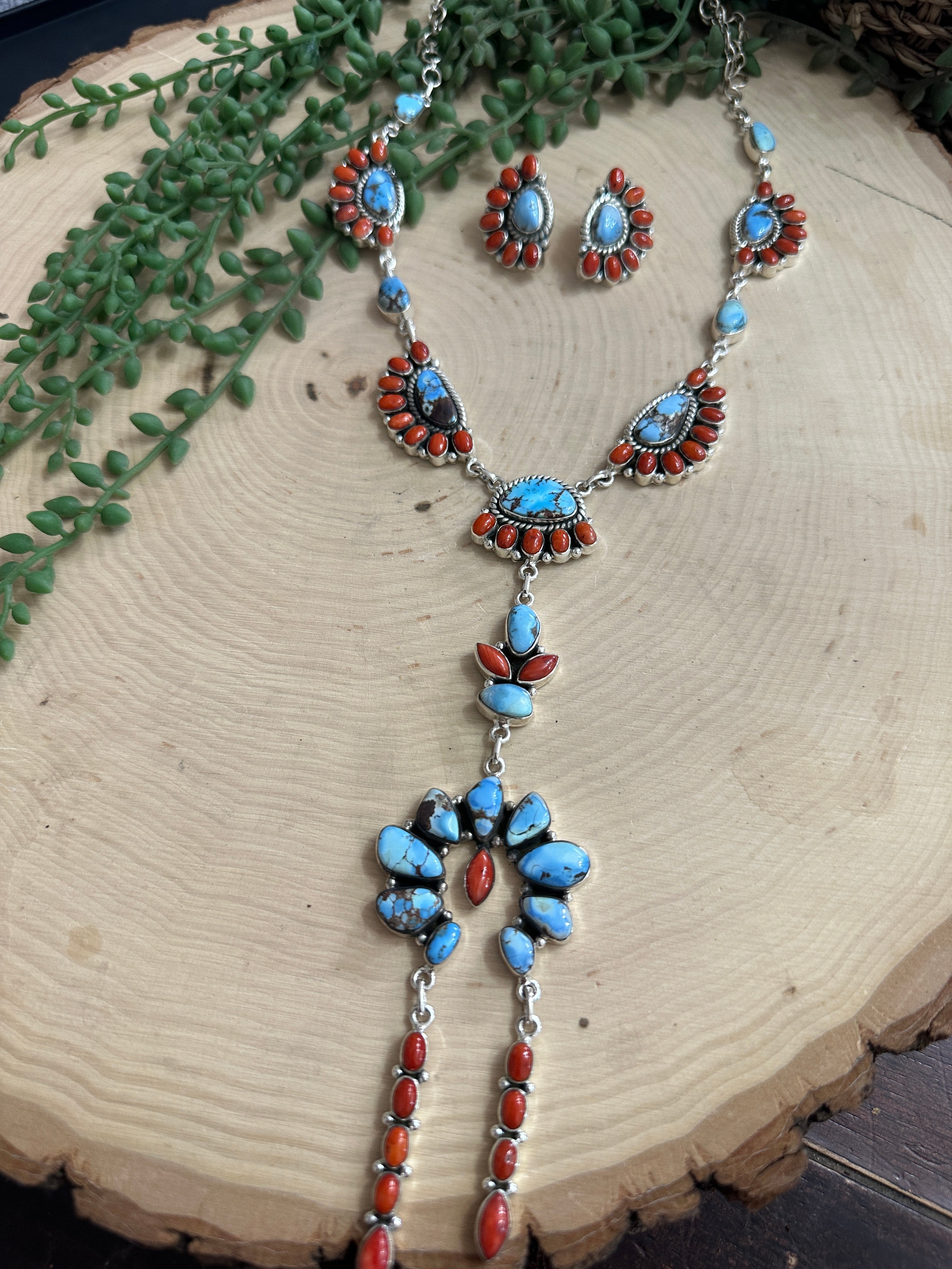 Handmade Sterling Silver, Golden Hills Turquoise & Coral Lariat Necklace SET