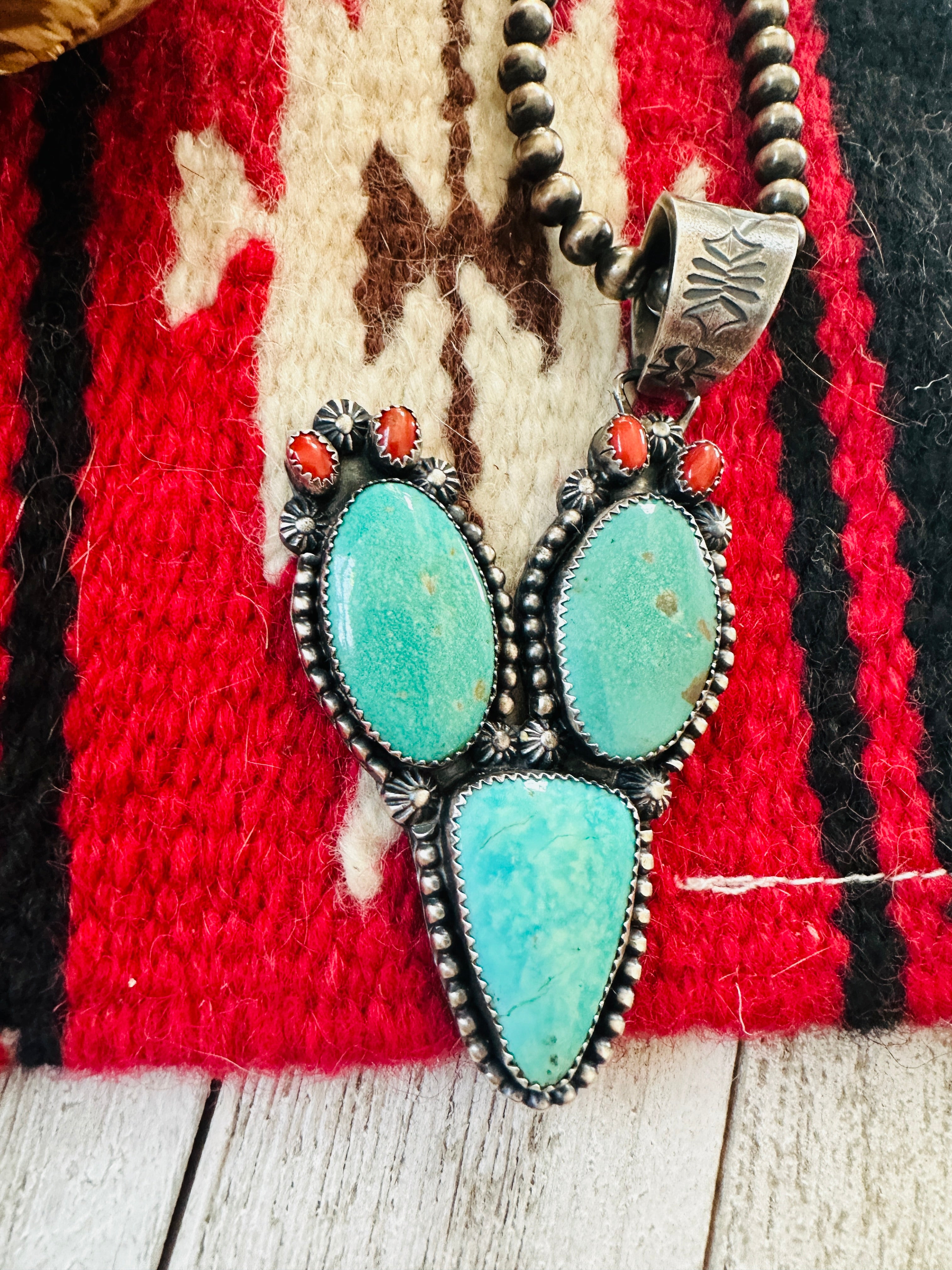 Navajo Turquoise, Coral and Sterling Silver Cactus Pendant