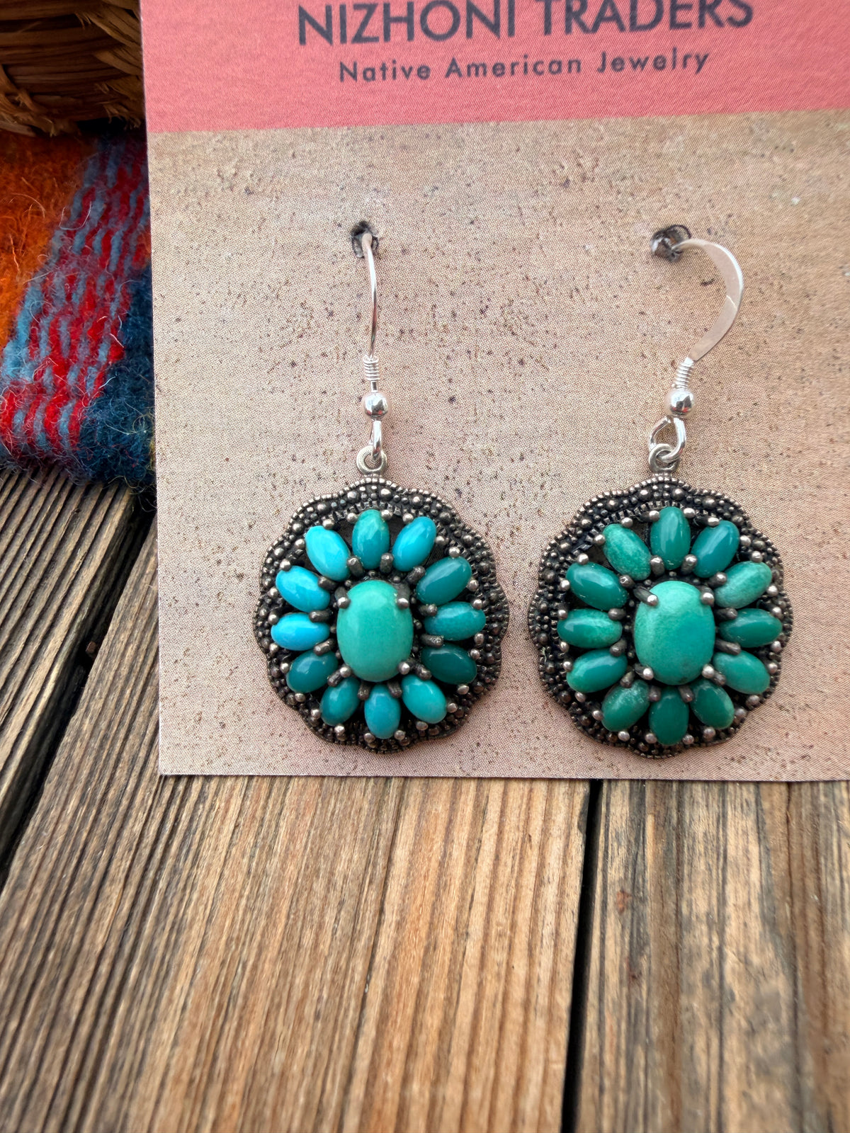 Old Pawn Handmade Sterling Silver & Turquoise Cluster Dangle Earrings