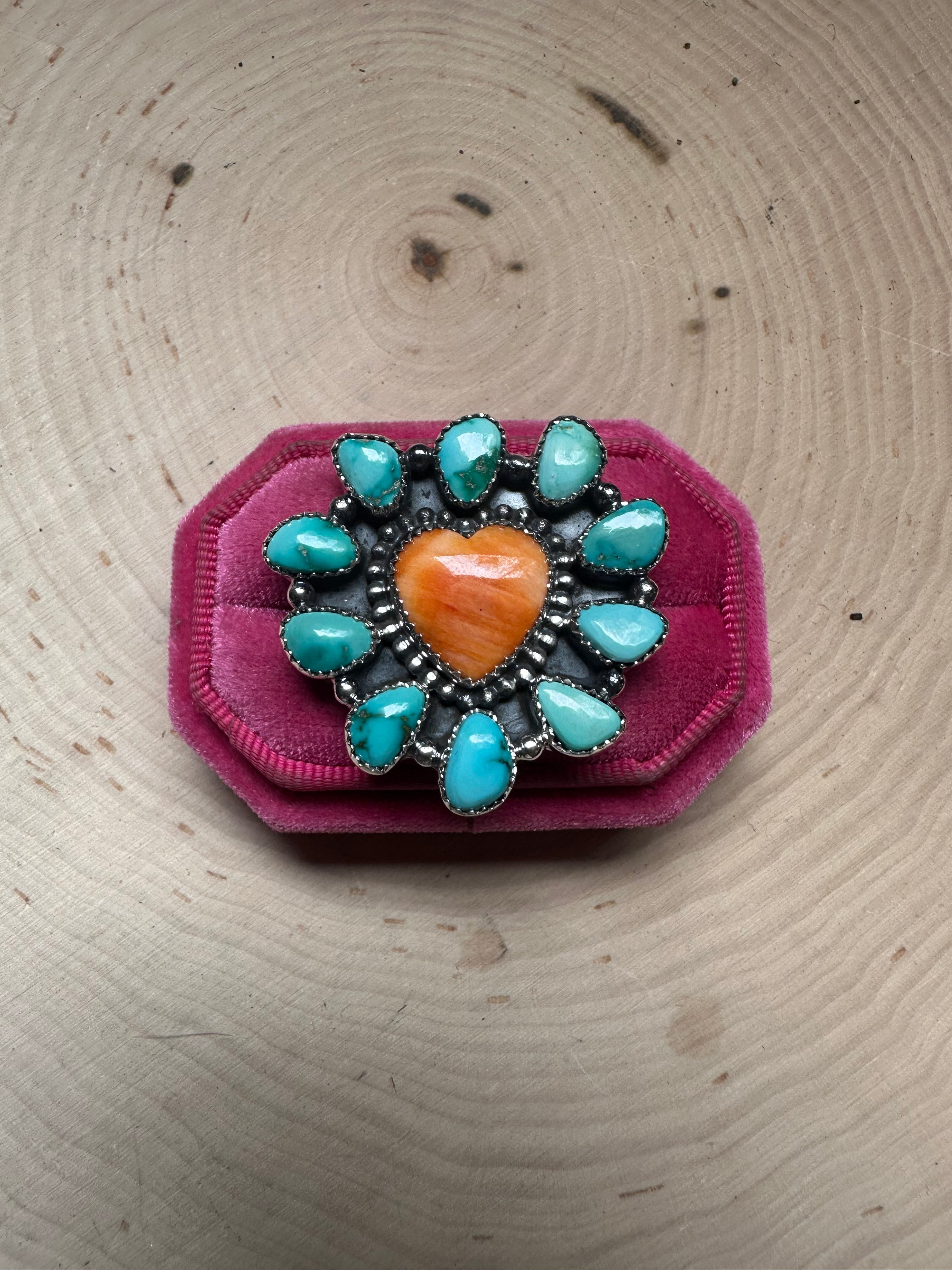 Handmade Sonoran Turquoise, Orange Spiny And Sterling Silver Adjustable Heart Ring Signed Nizhoni