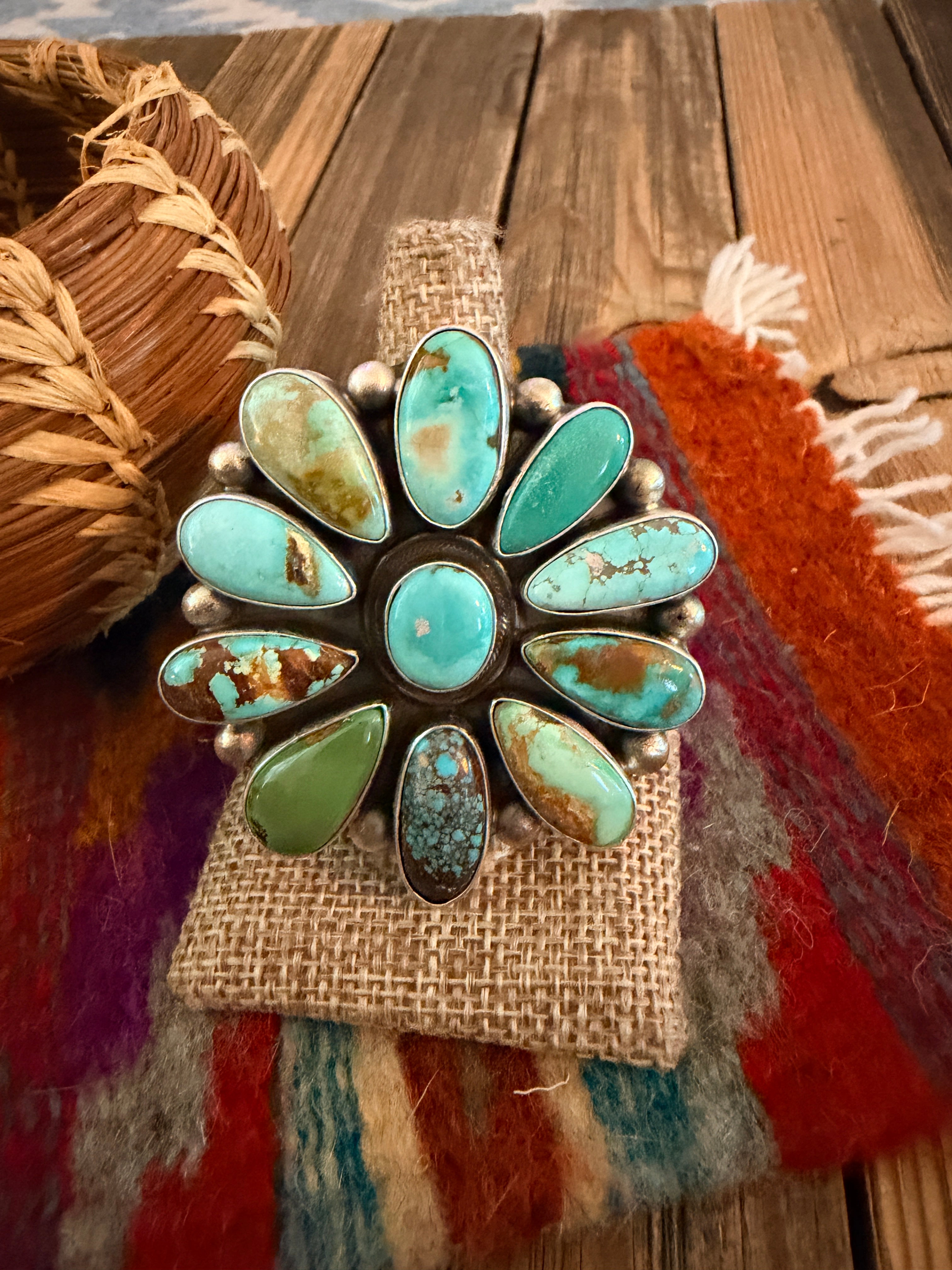 Handcrafted Multi Turquoise & Sterling Silver Cluster Ring Size 9 by Kathleen Livingston